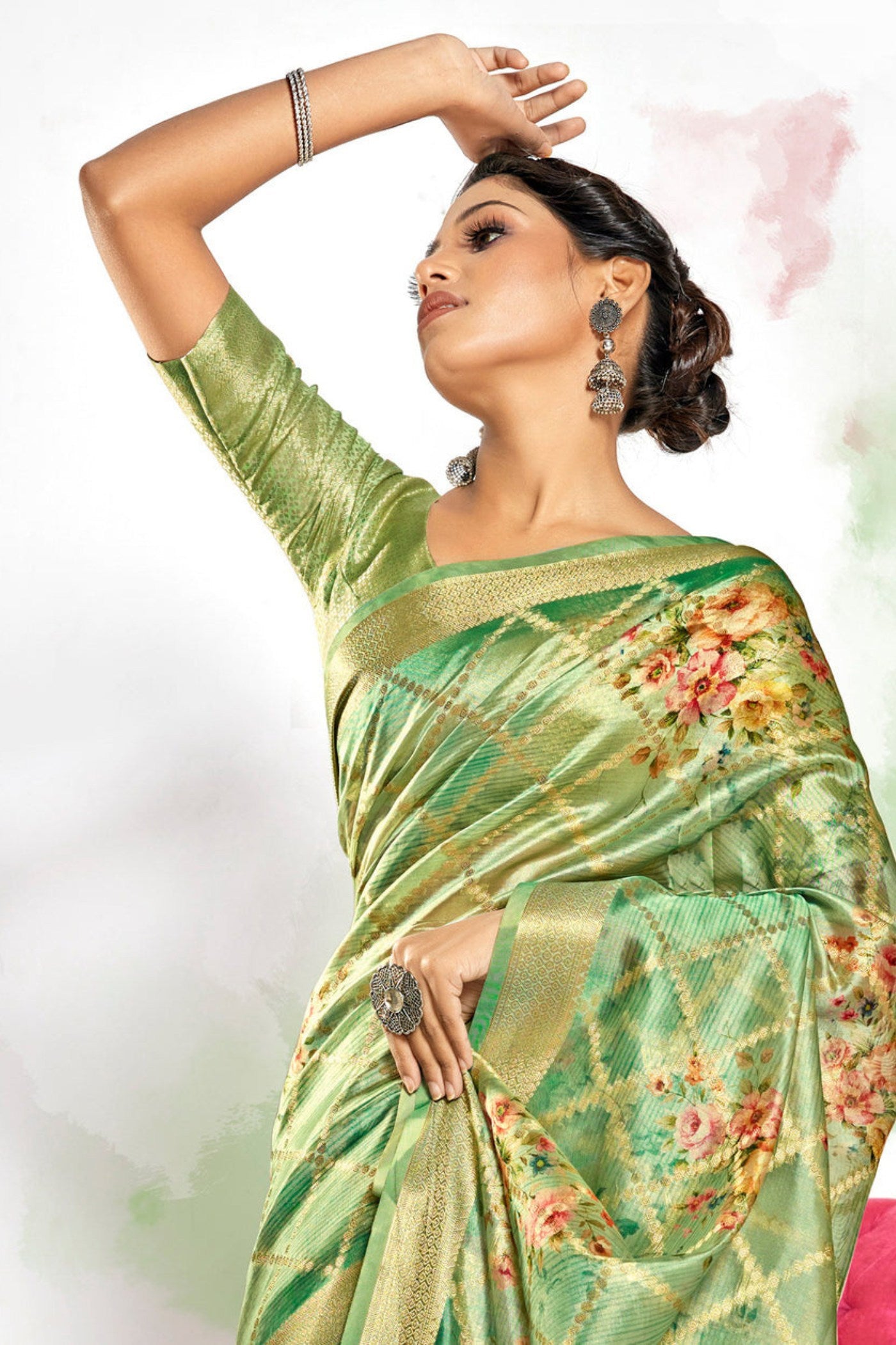 Buy MySilkLove Olive Green Digital Printed Banarasi Saree Online