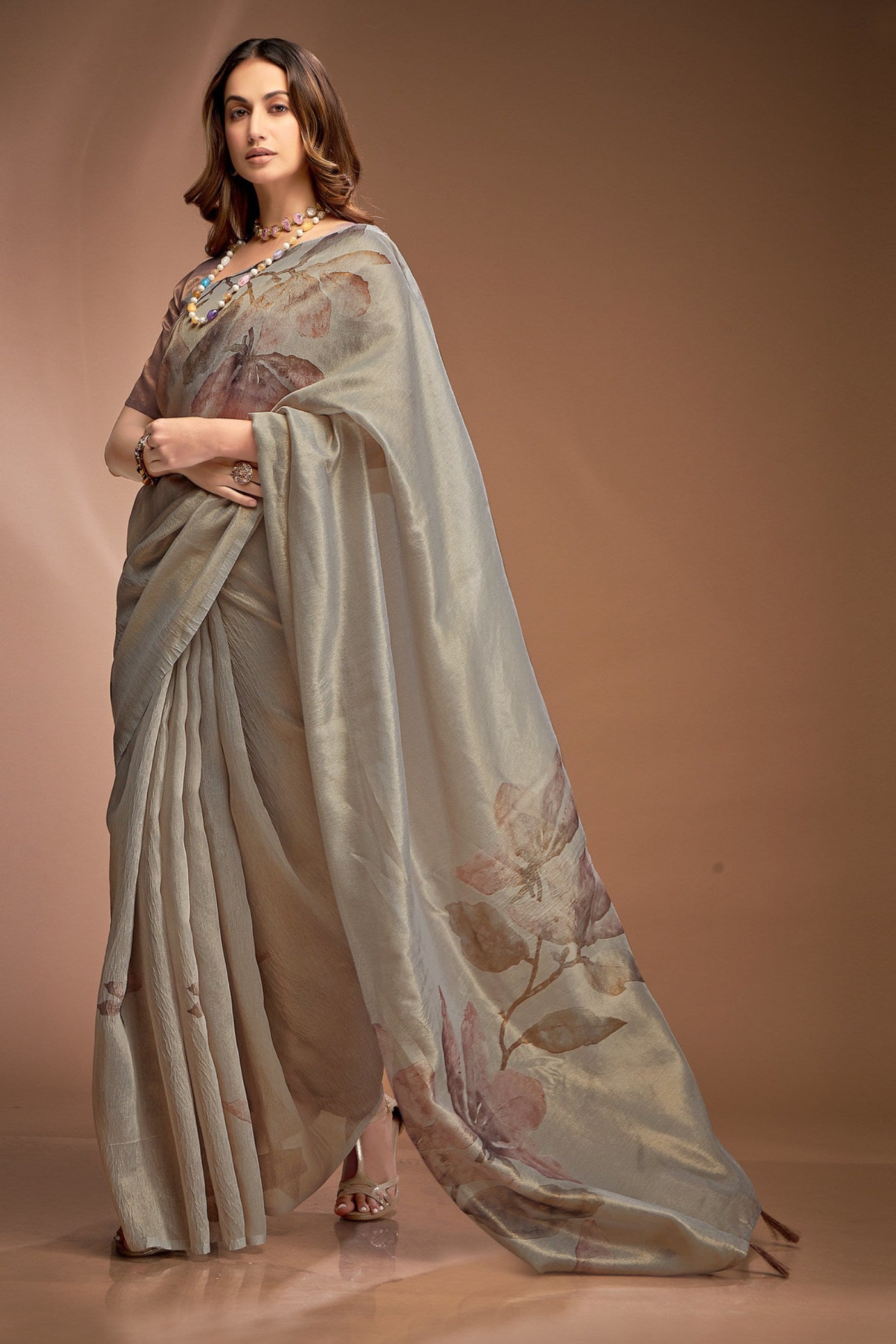 Buy MySilkLove Dusty Miller Grey Printed Tissue Saree Online