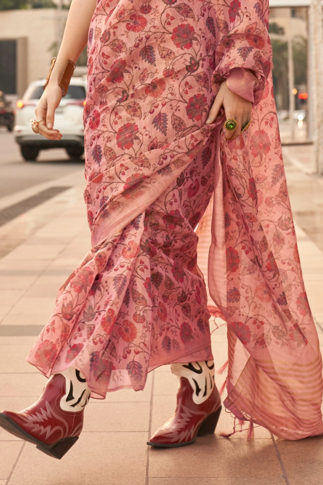 Buy MySilkLove Modern Pink Printed Tissue Saree Online