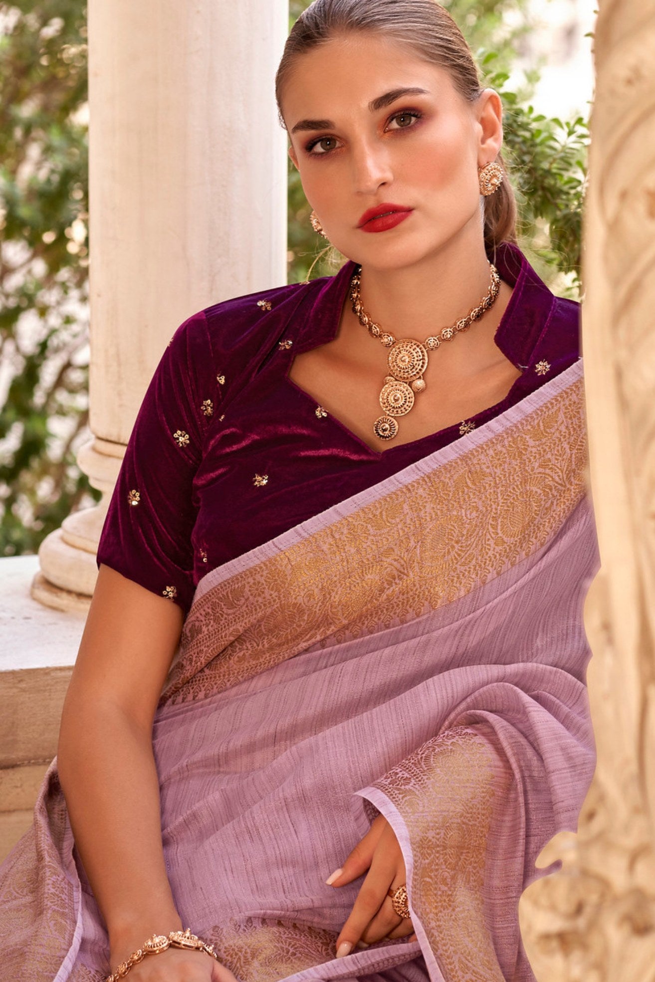 Buy MySilkLove Turkish Rose Purple Zari Woven Linen Saree Online