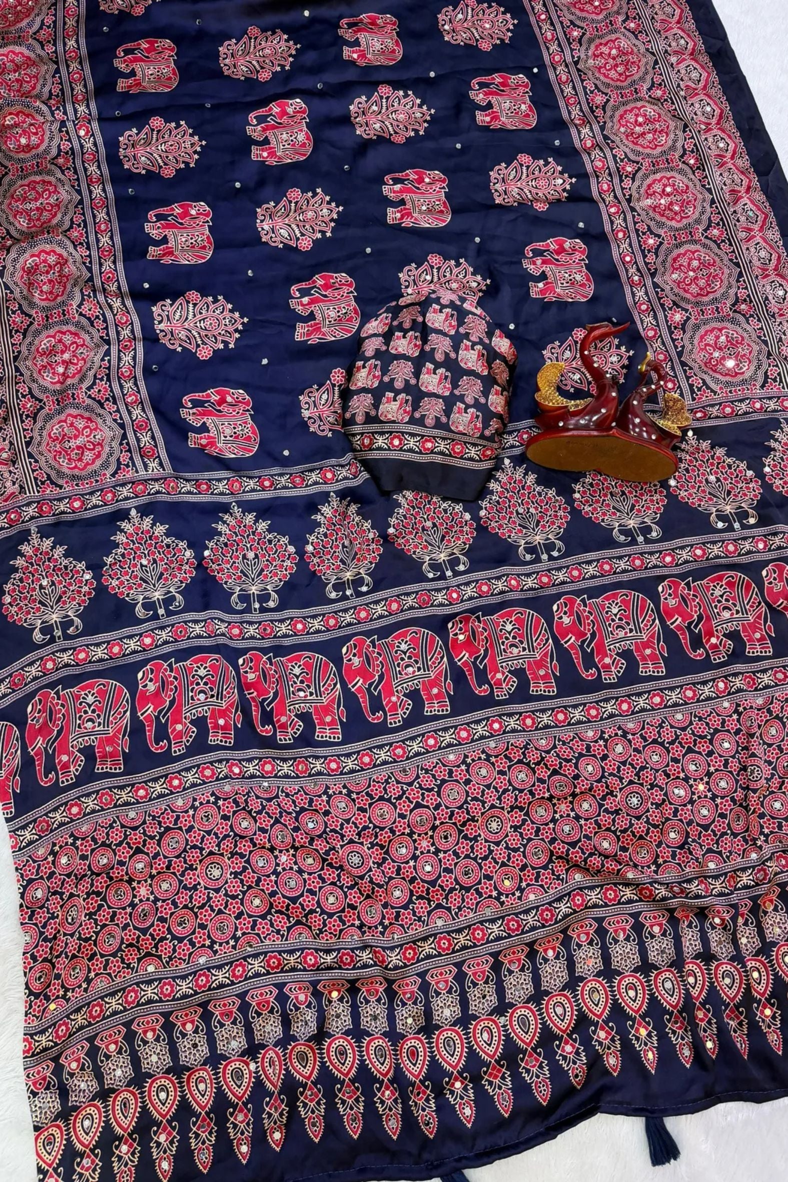 Buy MySilkLove Raven Black Ajrakh Satin Printed Mirror Work Saree Online