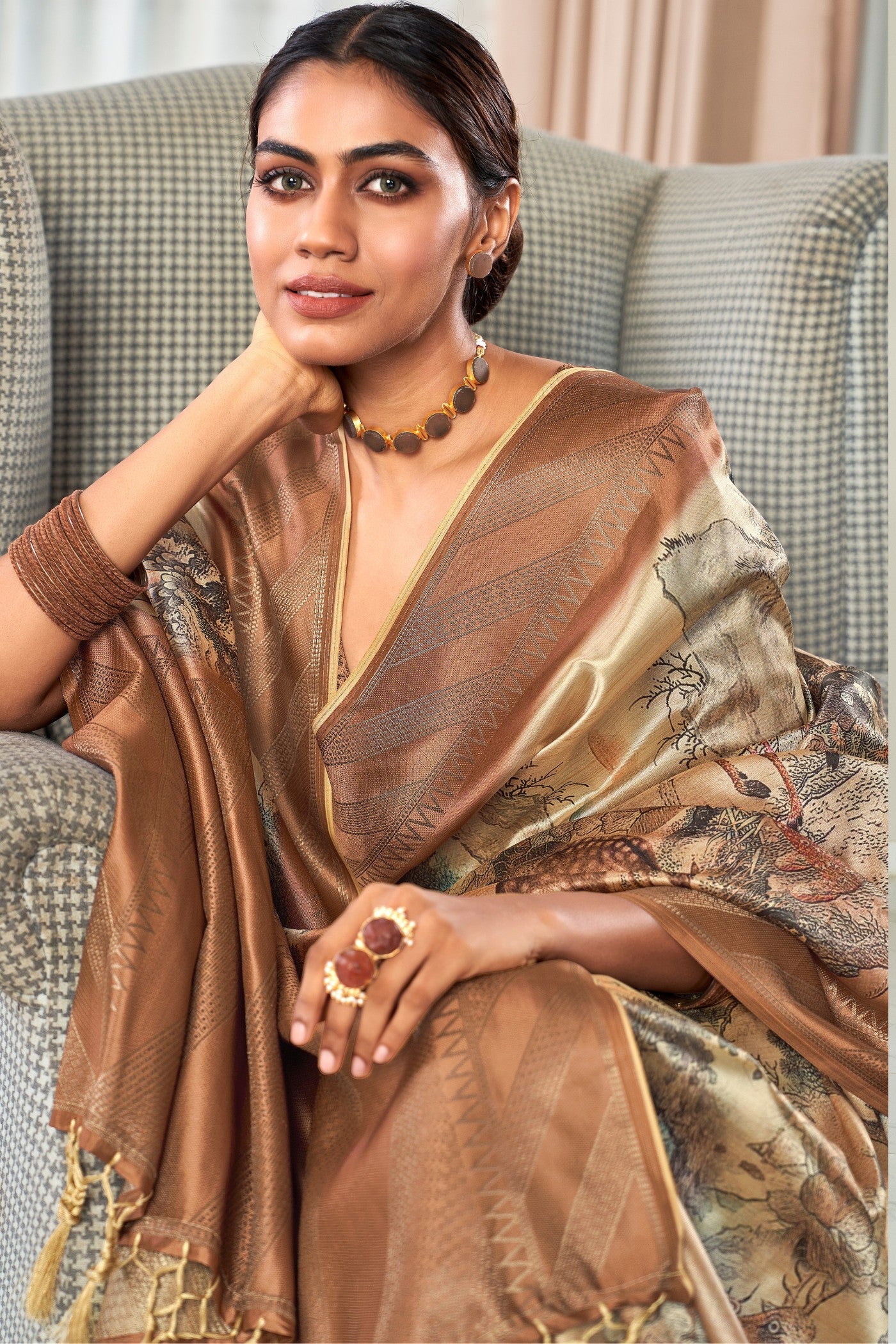 Buy MySilkLove Potters Clay Brown Digital Printed Banarasi Saree Online