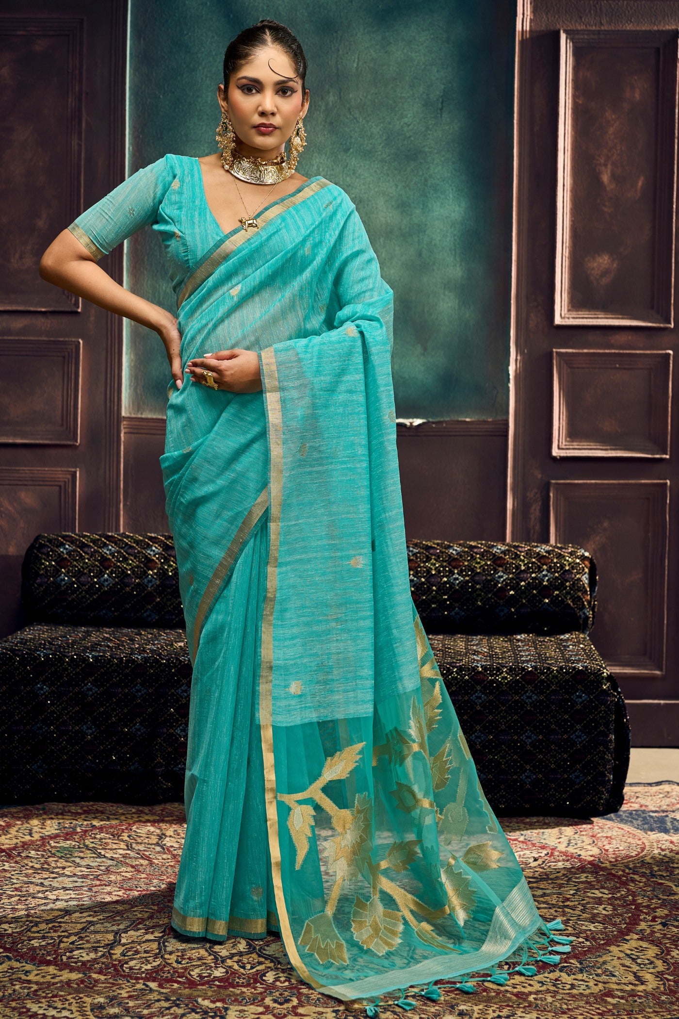 Buy MySilkLove Aqua Blue Munga Handloom Cotton Saree Online