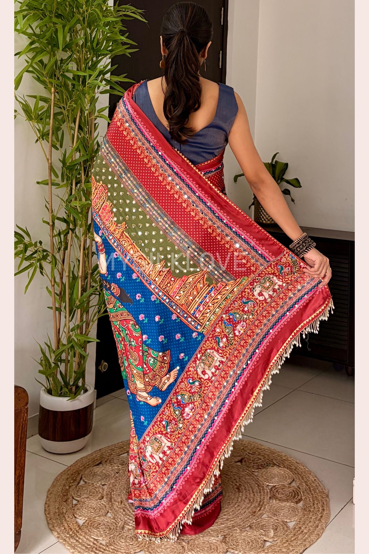 Buy MySilkLove Raspberry Pink Japan Satin Printed Kalmakari Mirror Work Sraee Online