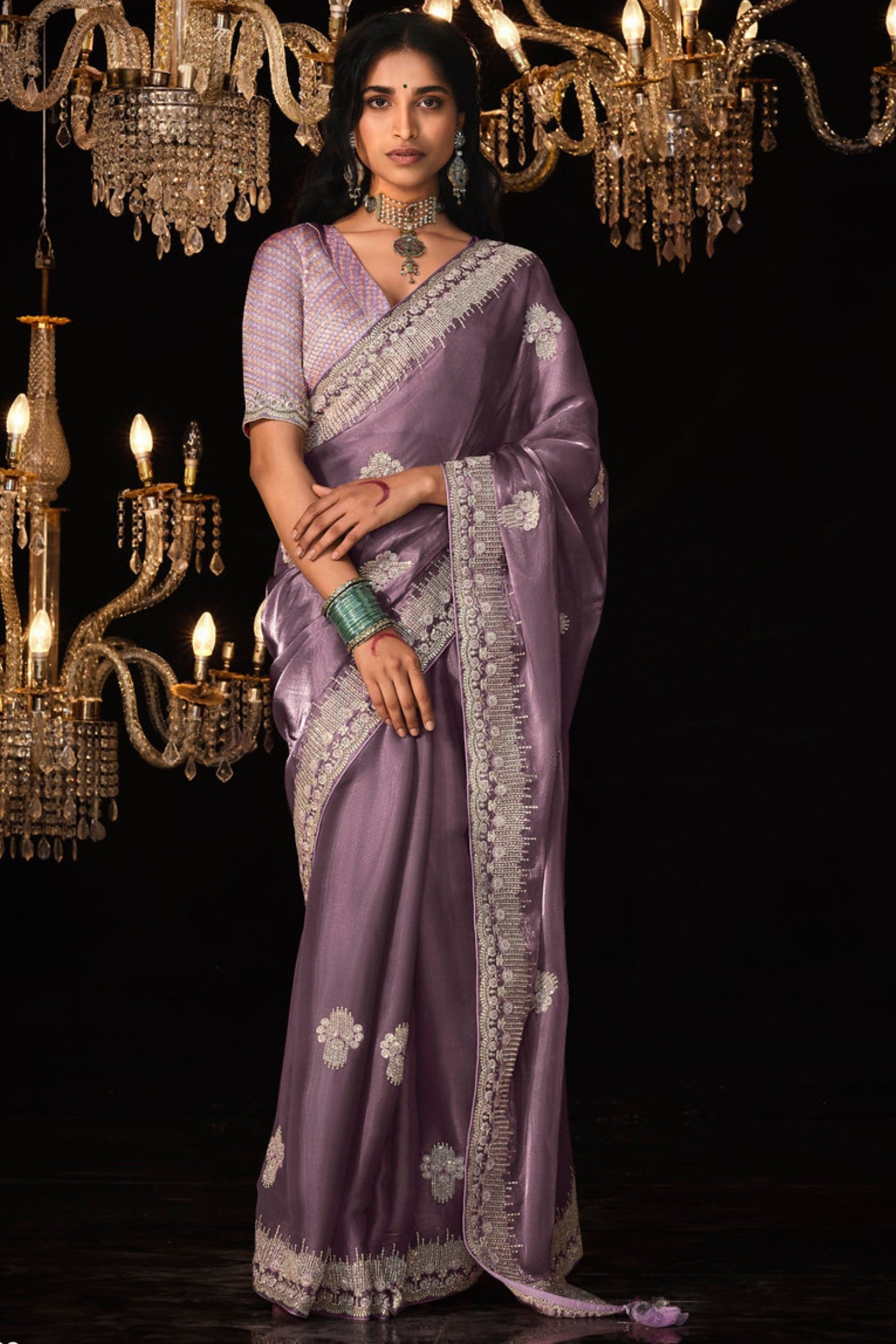 Buy MySilkLove Old Rose Purple Tissue Embroidered Designer Saree Online