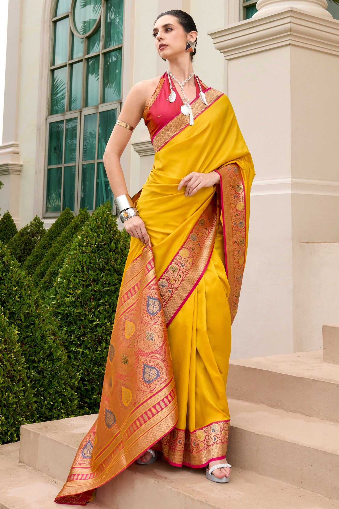 Buy MySilkLove Mango Yellow Woven Banarasi Soft Silk Saree Online