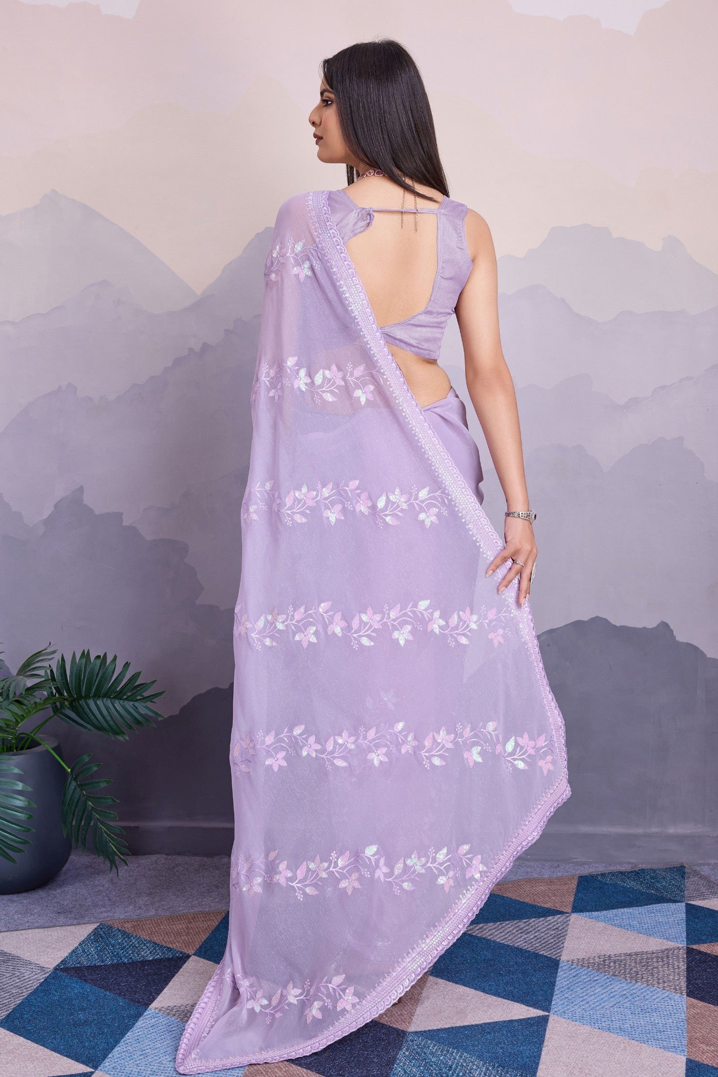 MySilkLove Lavender Flower Embroidered Designer Chiffon Saree