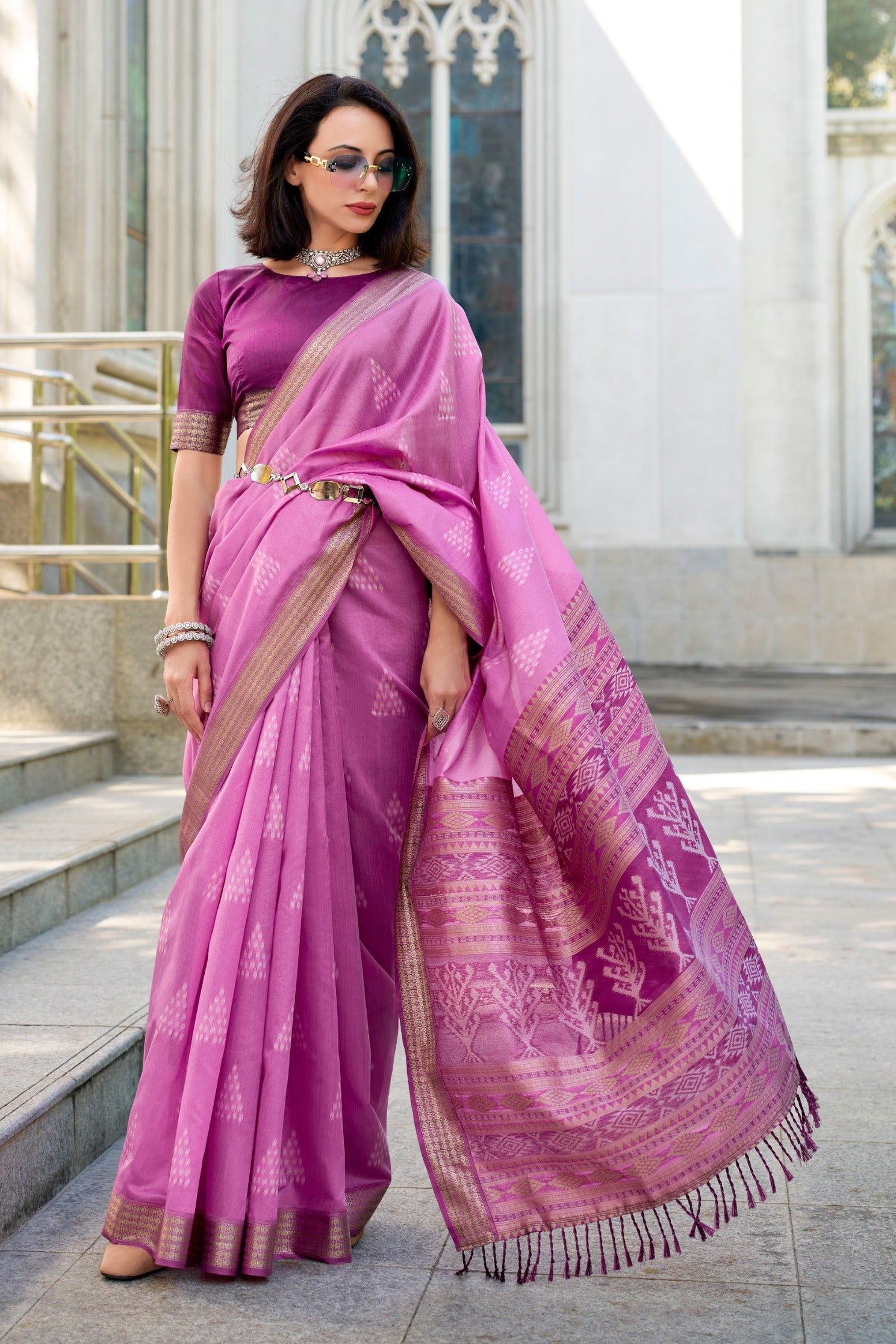 Buy MySilkLove Mega Pink Ikkat Woven Banarasi Saree Online