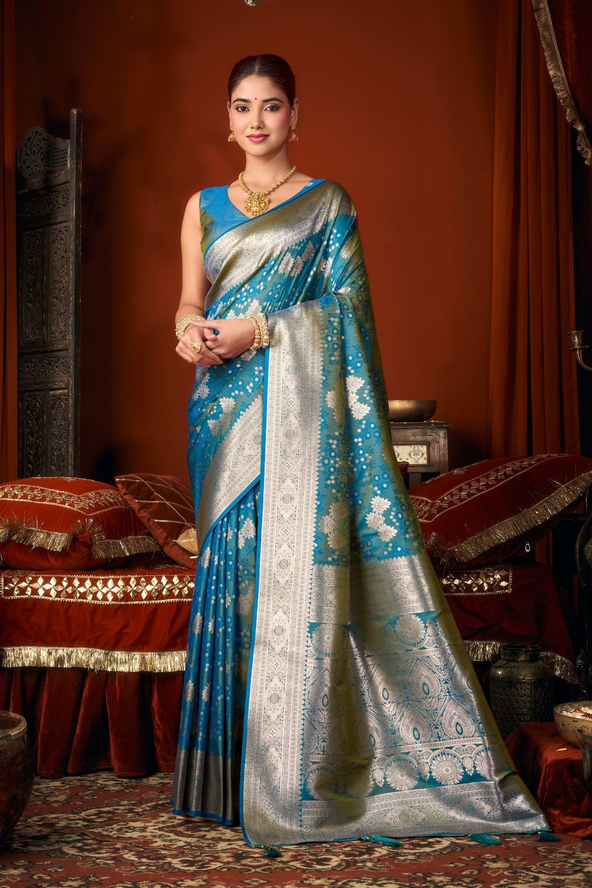 Buy MySilkLove Yale Blue Woven Banarasi Jacquard Soft Silk Saree Online