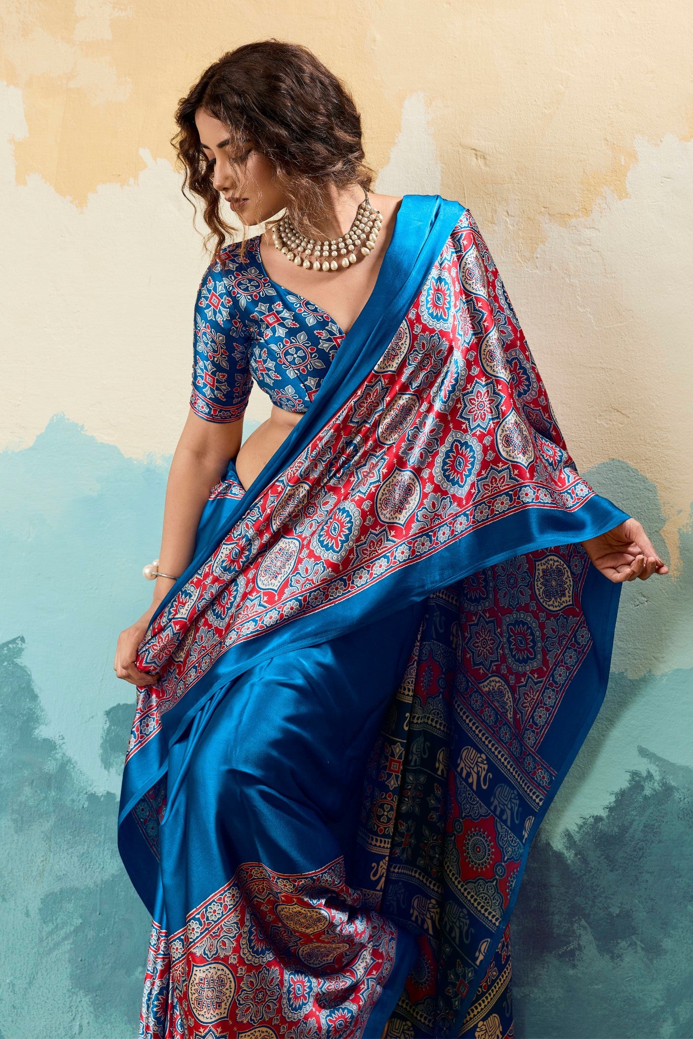 Buy MySilkLove Force Blue Modal Ajrakh Satin Printed Silk Saree Online