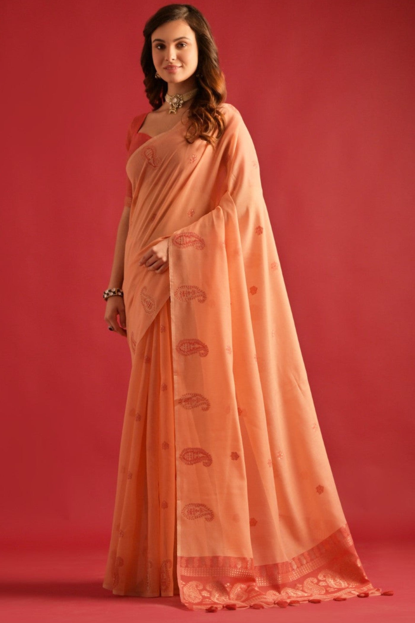 Buy MySilkLove Blushing Peach Woven Mul Cotton Saree Online