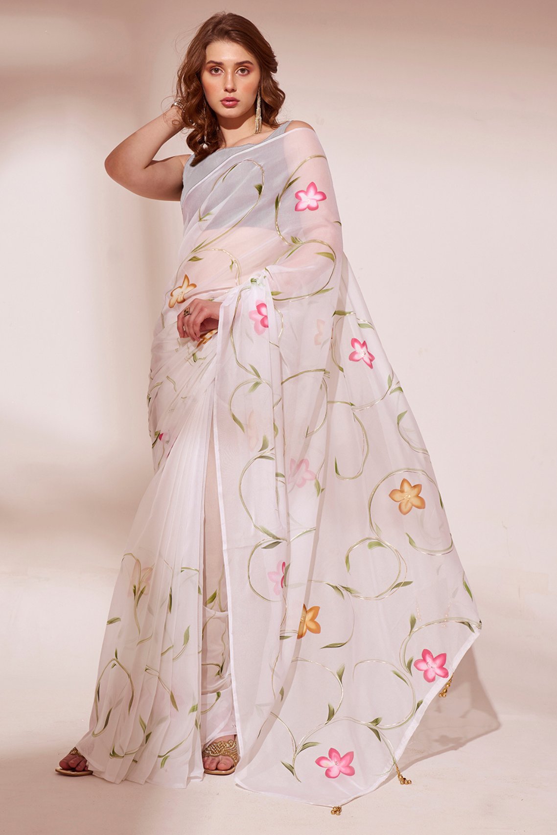 Buy MySilkLove Pearl White Printed Organza Saree Online