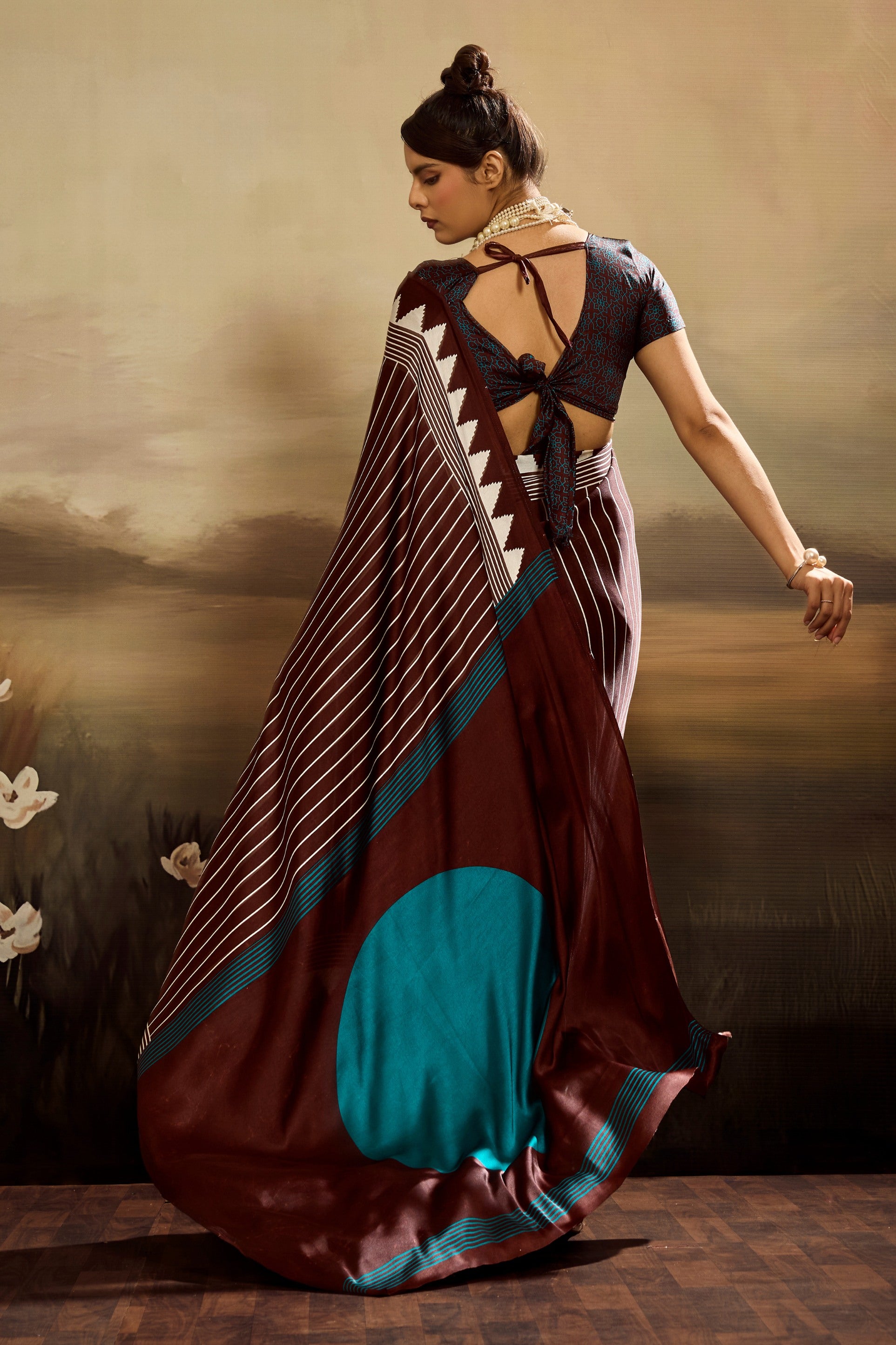 Buy MySilkLove Hickory Brown Ajrakh Printed Satin Crepe Silk Saree Online