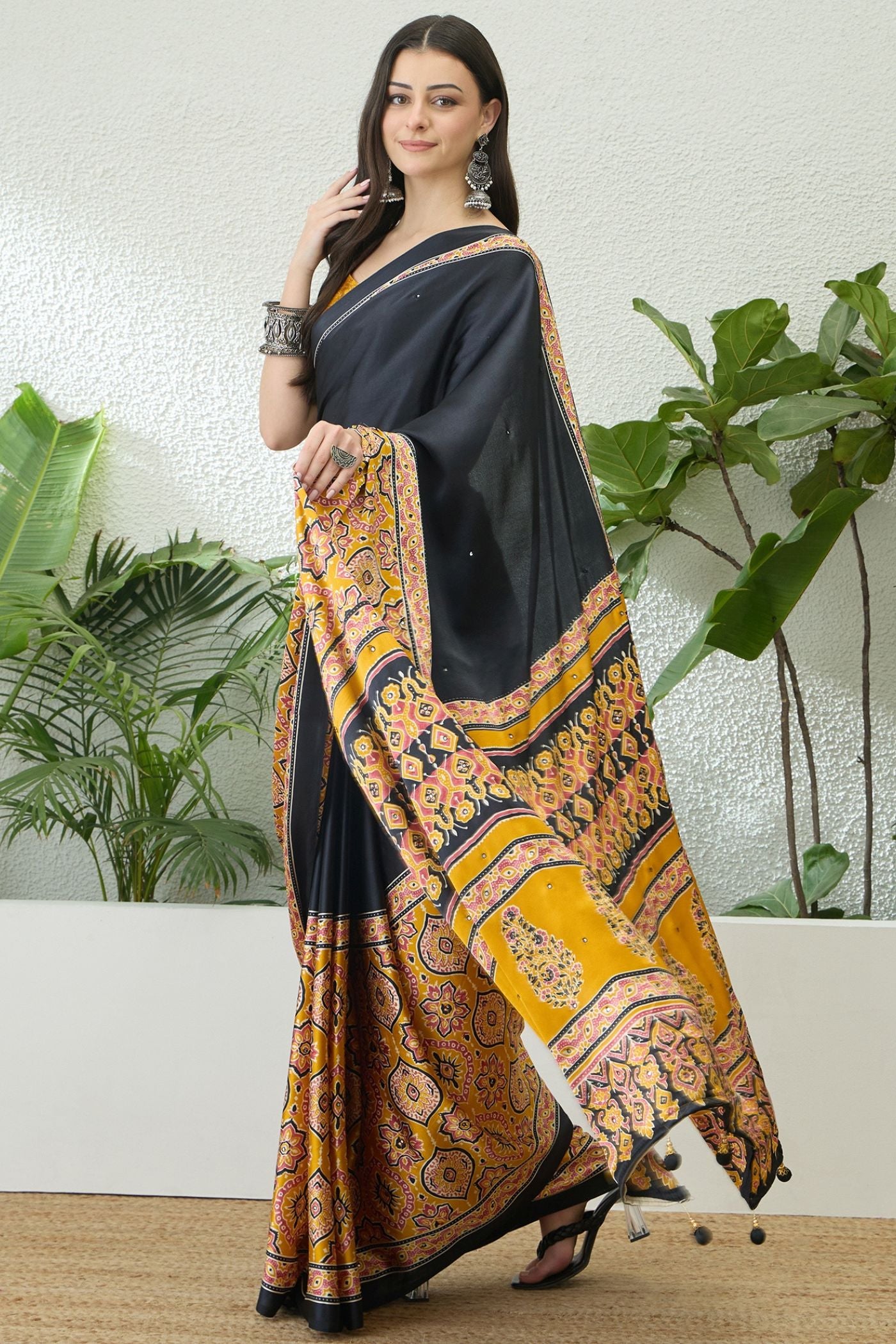 Buy MySilkLove Black Pearl and Yellow Modal Ajrakh Satin Printed Silk Saree Online