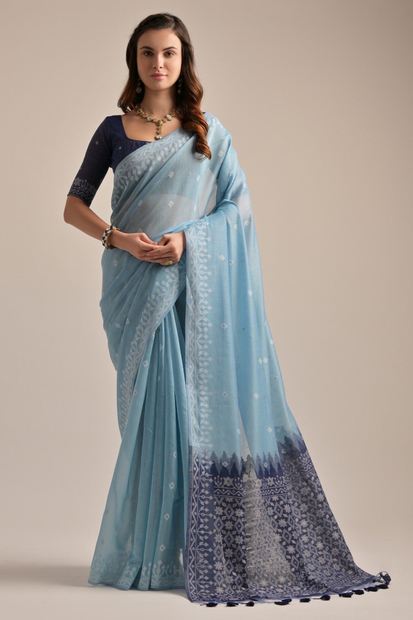 Buy MySilkLove Jungle Mist Blue Lucknowi Woven Muga Cotton Saree Online