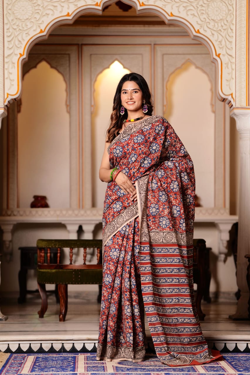 Buy MySilkLove Quicksand Brown Pure Cotton Handblock Printed Saree Online