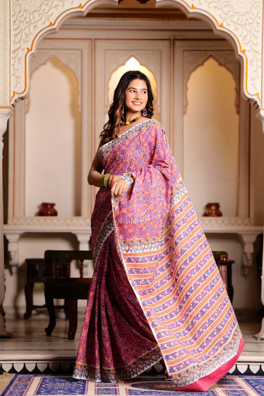 Buy MySilkLove Carnation Pink Pure Cotton Handblock Printed Saree Online