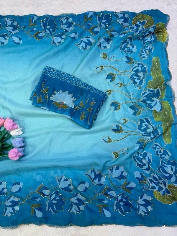 Buy MySilkLove Magnolia White Georgette Lotus Sequin Embroidery Saree Work with Patola Designer Blouse Piece — Buy Online | MySilkLove Online