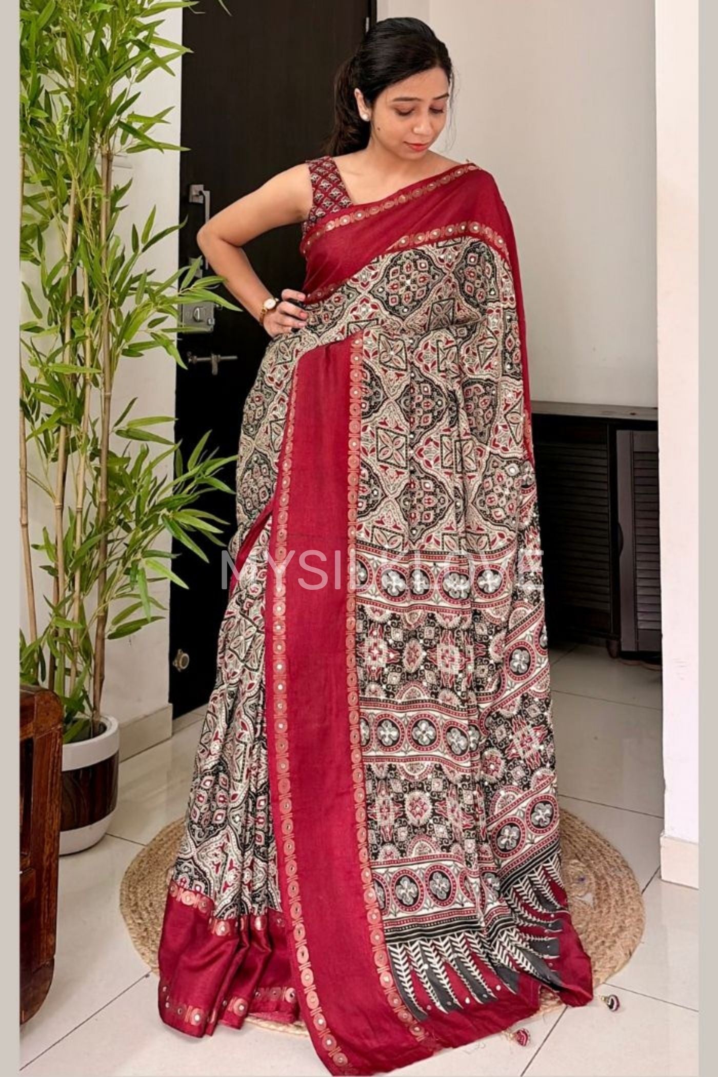 Buy MySilkLove Maroon Border Black and White Ajrakh Printed Satin Silk Saree Online