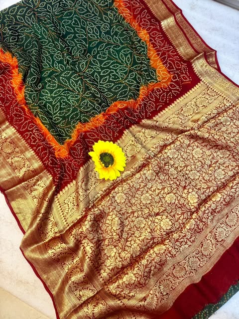 Buy MySilkLove Hunter Green and Orange Bandhani Zari Woven Silk Saree Online
