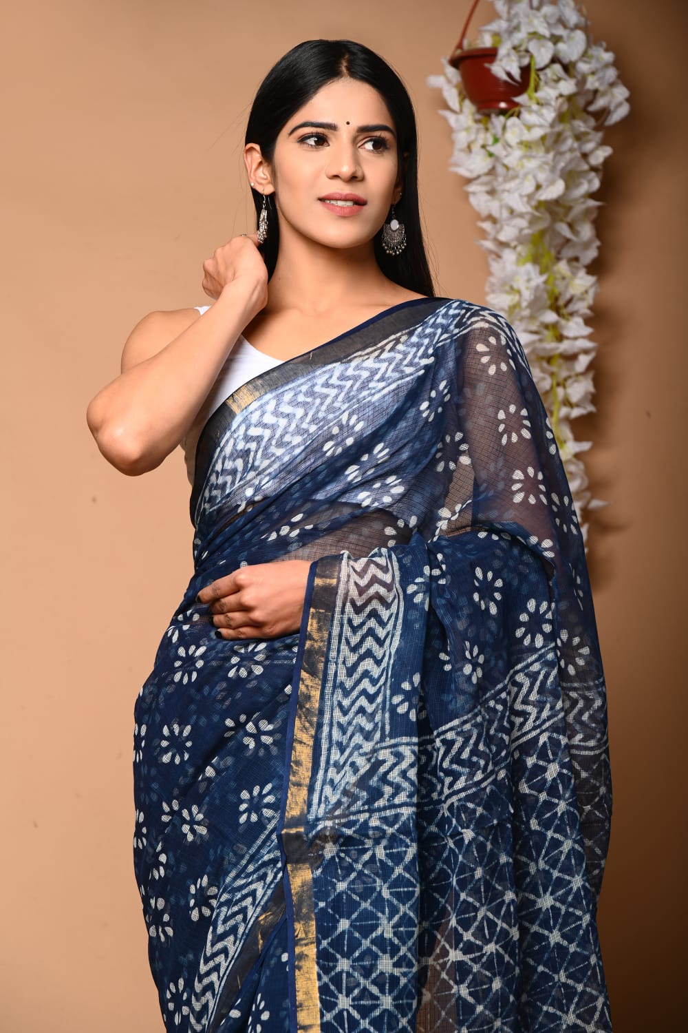 Buy MySilkLove Big Stone Blue Handblock Kota Doriya Saree Online