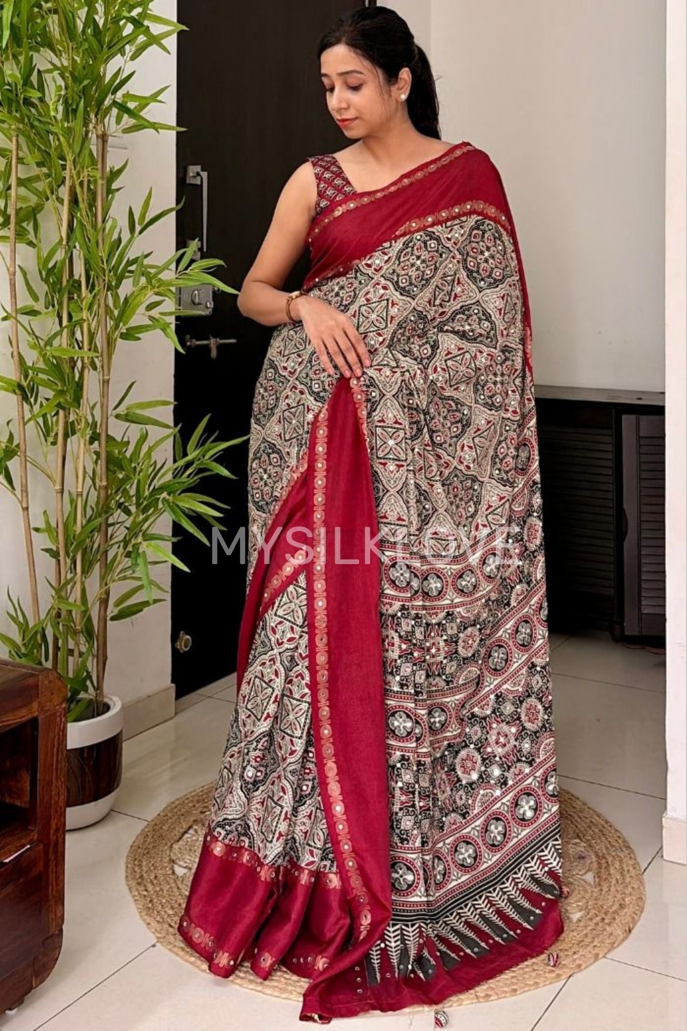 Buy MySilkLove Maroon Border Black and White Ajrakh Printed Satin Silk Saree Online