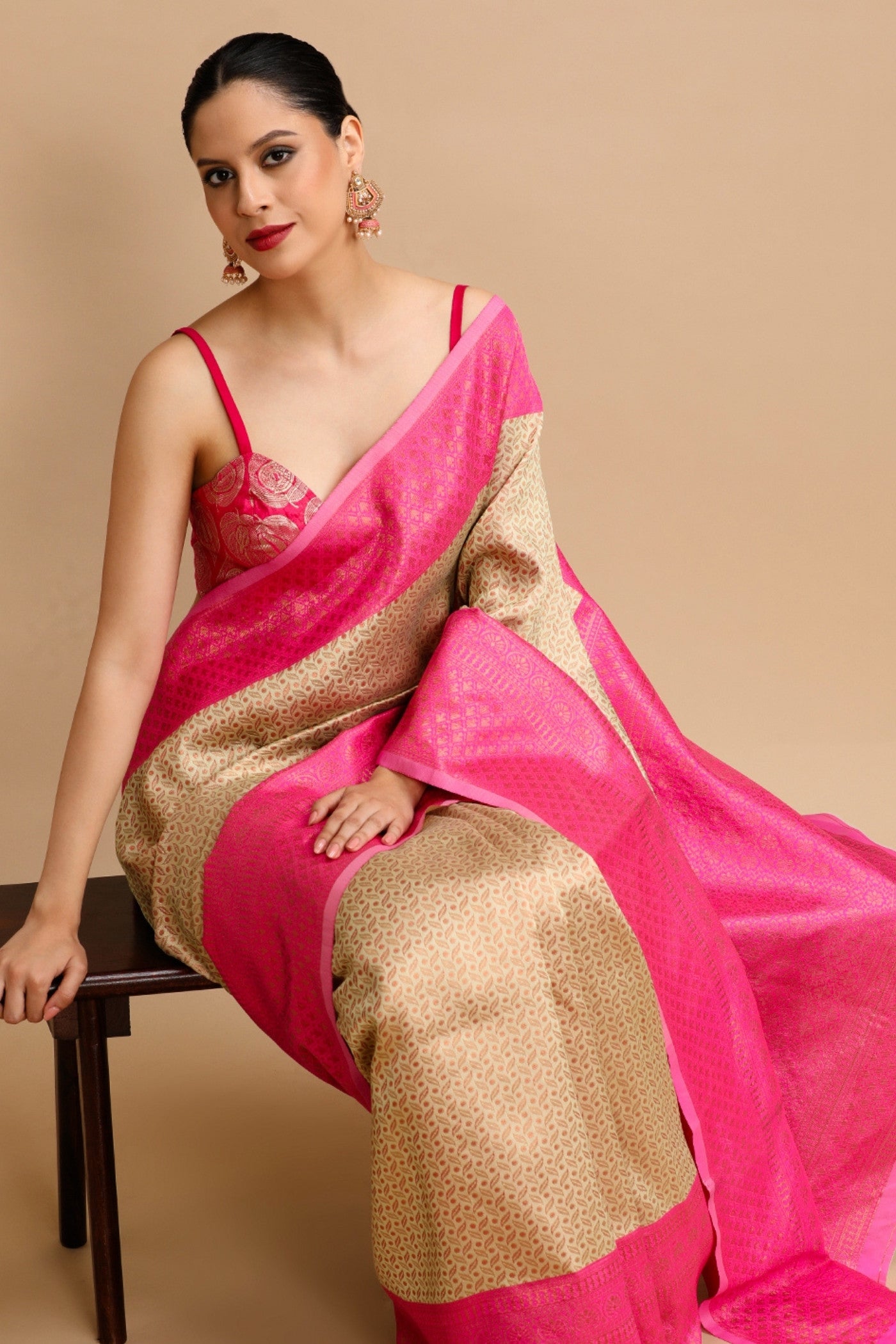 MySilkLove Beige and Pink Woven Jacquard Lichi Silk Saree