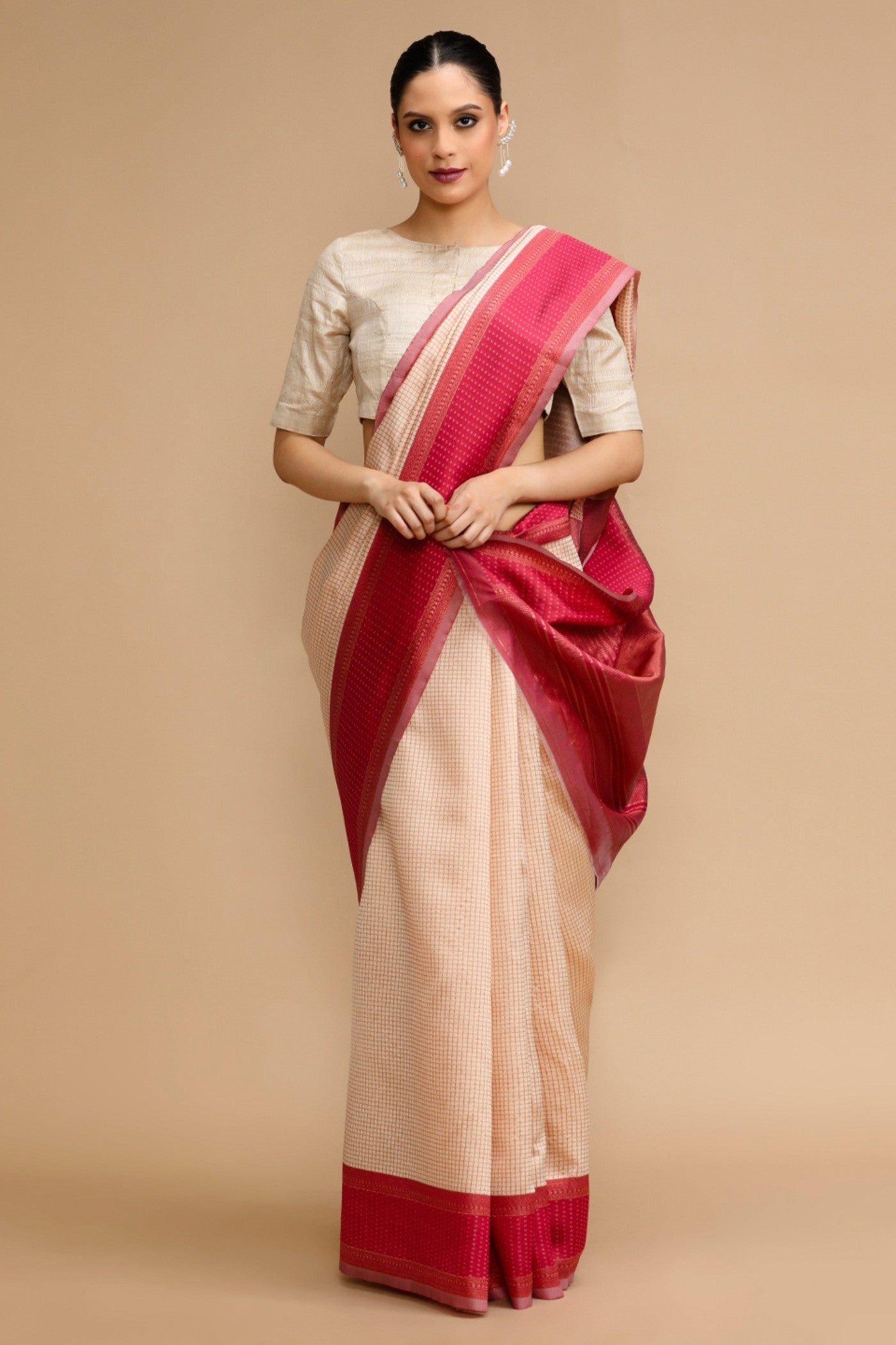 Buy MySilkLove Ivory Cream Woven Jacquard Lichi Silk Saree Online