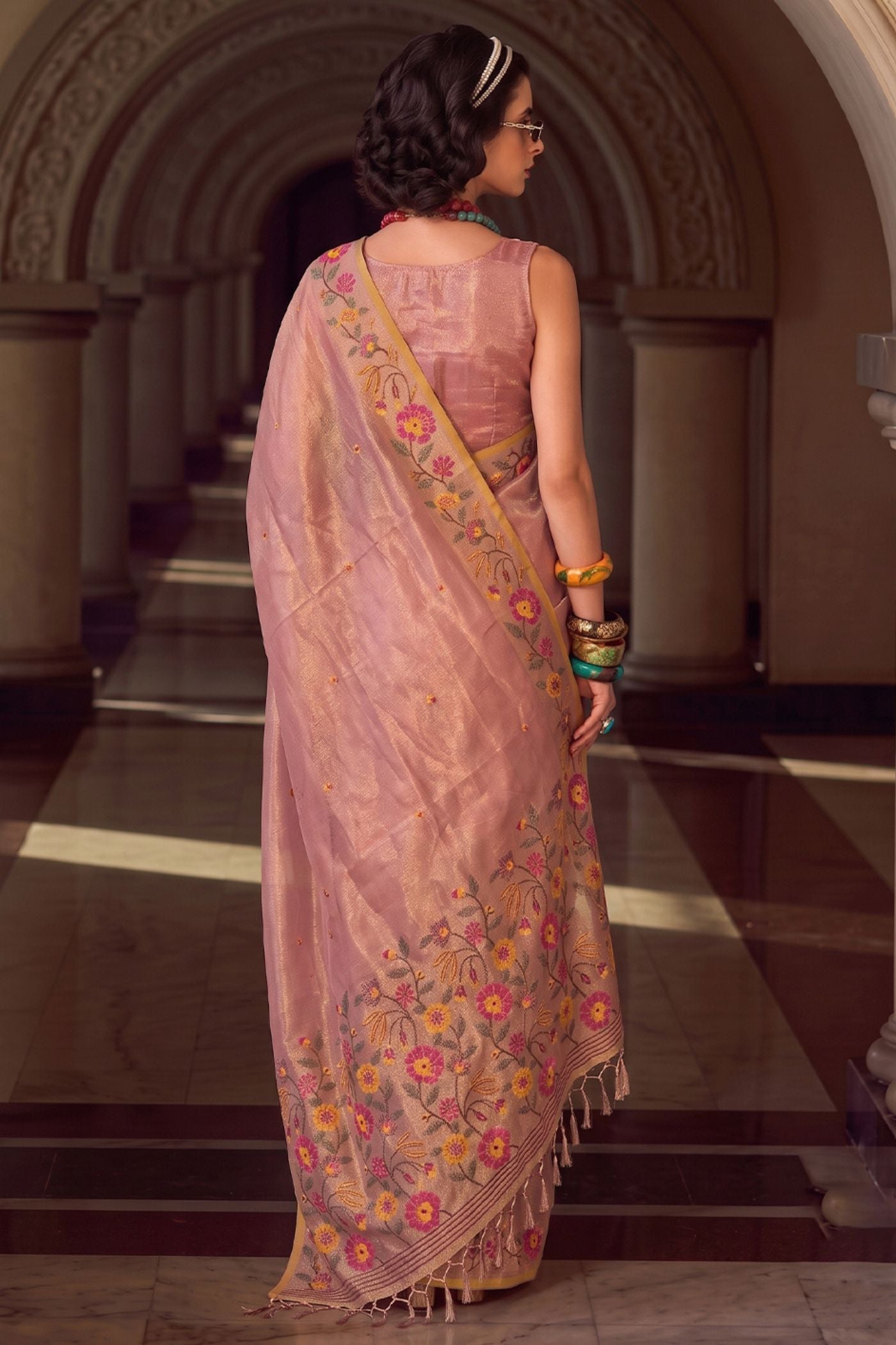 Buy MySilkLove Blush Pink Woven Floral Tissue Saree Online