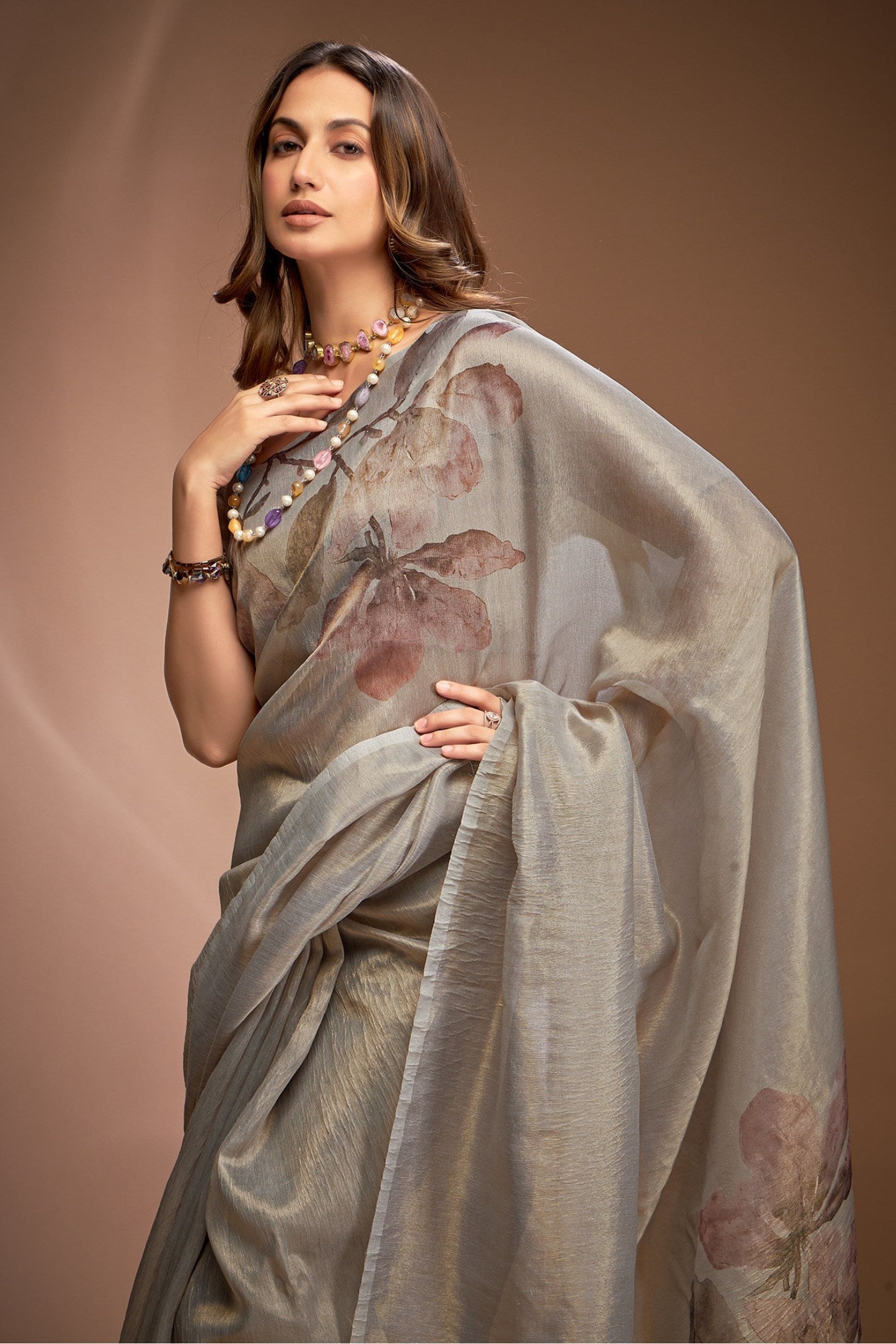 Buy MySilkLove Dusty Miller Grey Printed Tissue Saree Online