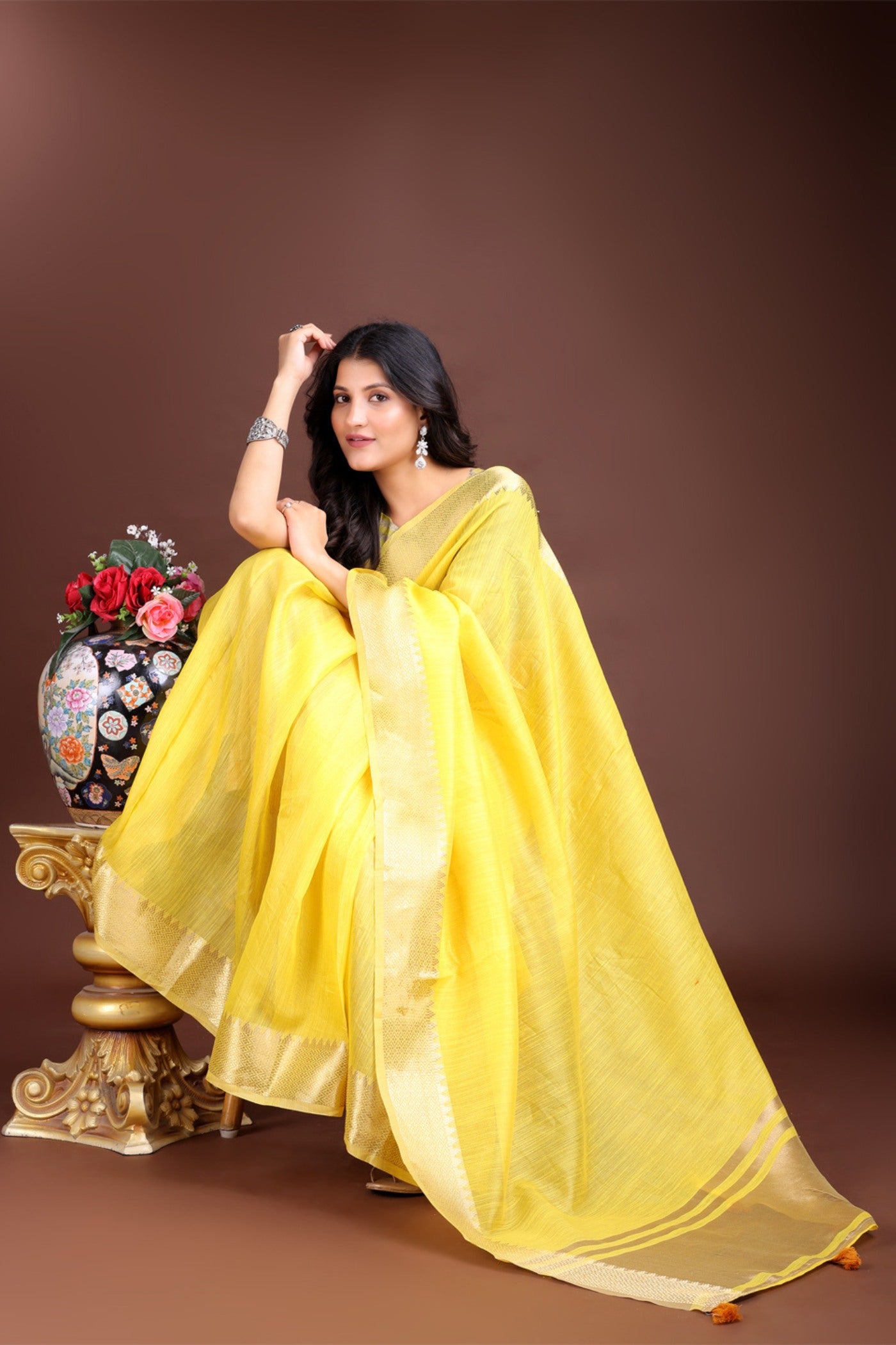 Buy MySilkLove Lemon Yellow Woven Cotton Saree Online