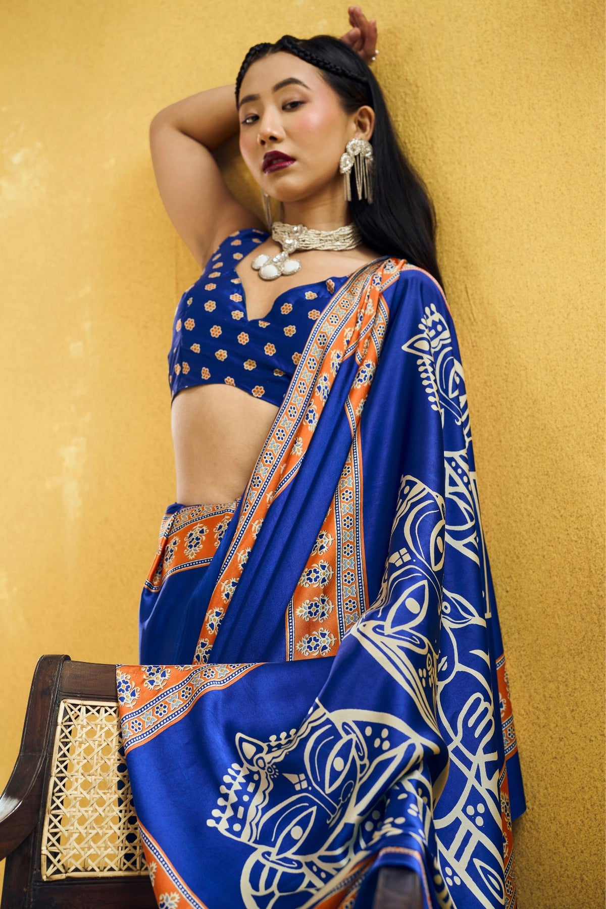 MySilkLove Royal Blue Modal Ajrakh Satin Printed Silk Saree