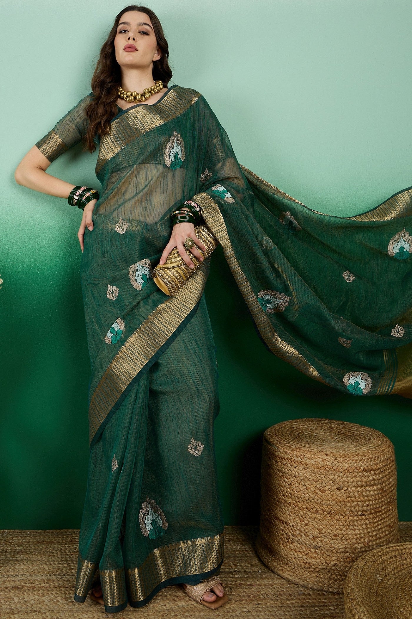 Buy MySilkLove Everglade Green Khadi Organza Saree Online