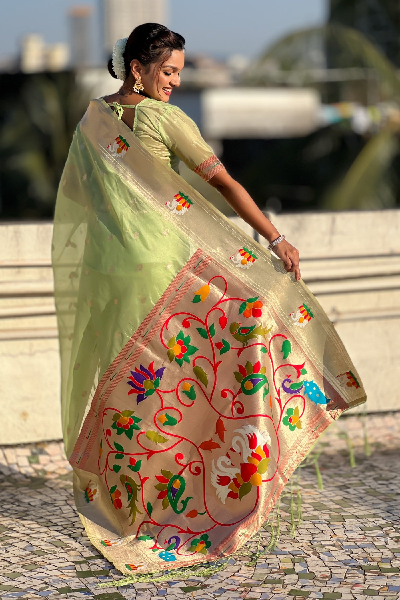 Buy MySilkLove Parrot Green Organza Woven Paithani Saree Online