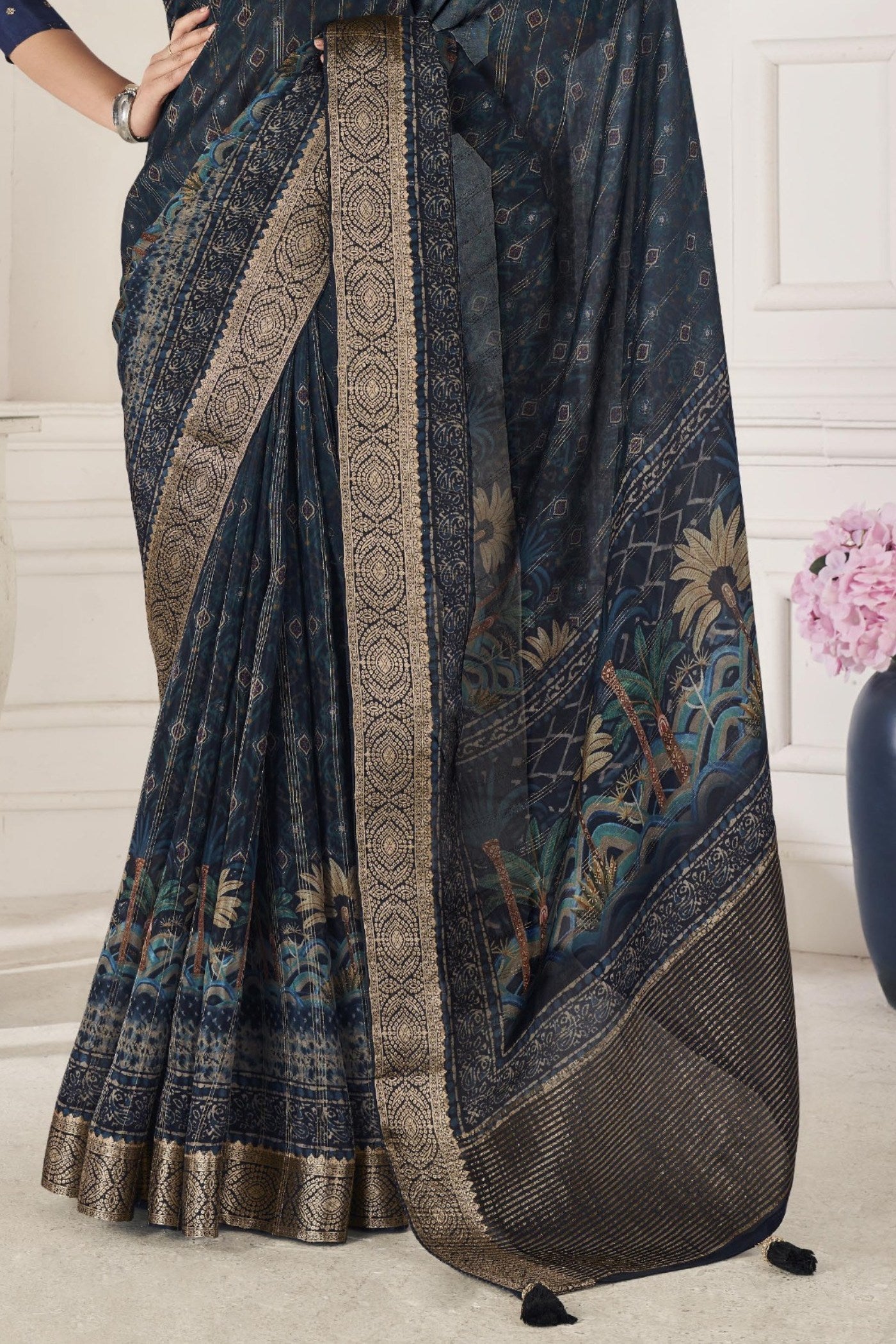 Buy MySilkLove Ebony Clay Blue Banarasi Silk Saree Online