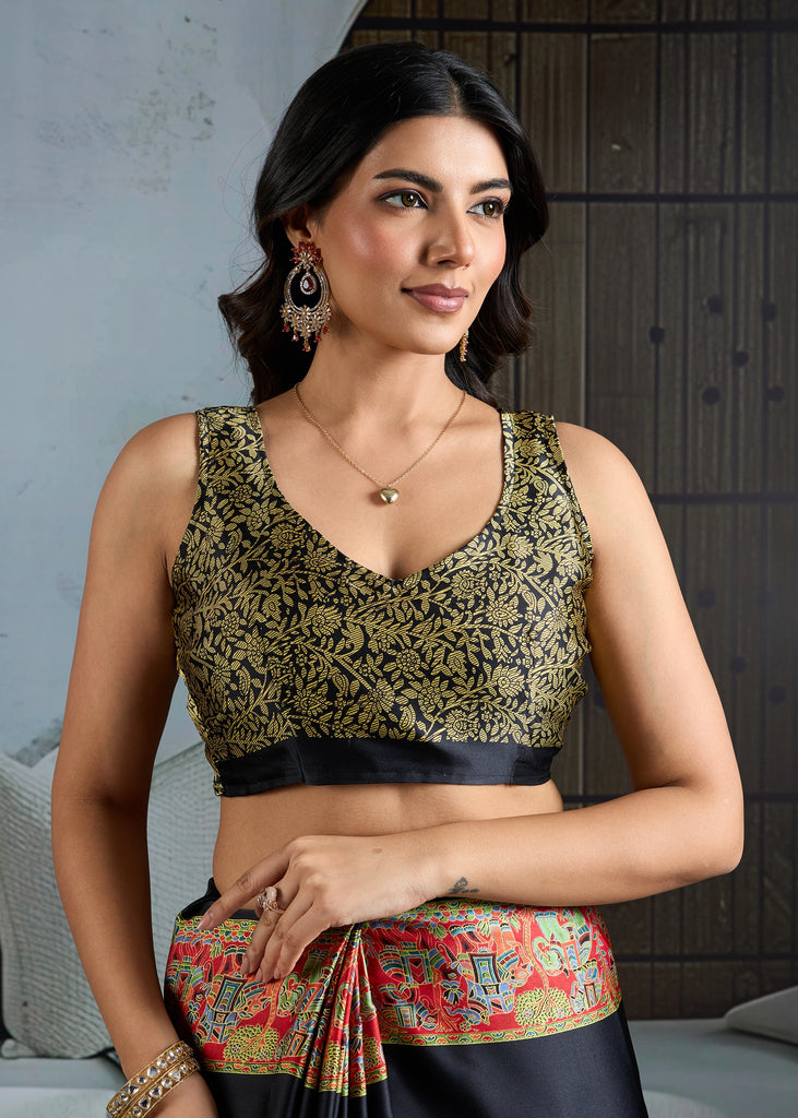 Buy MySilkLove Black Cat Printed Satin Crepe Silk Saree Online