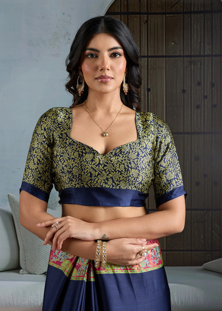 Buy MySilkLove Vivid Blue Printed Satin Crepe Silk Saree Online