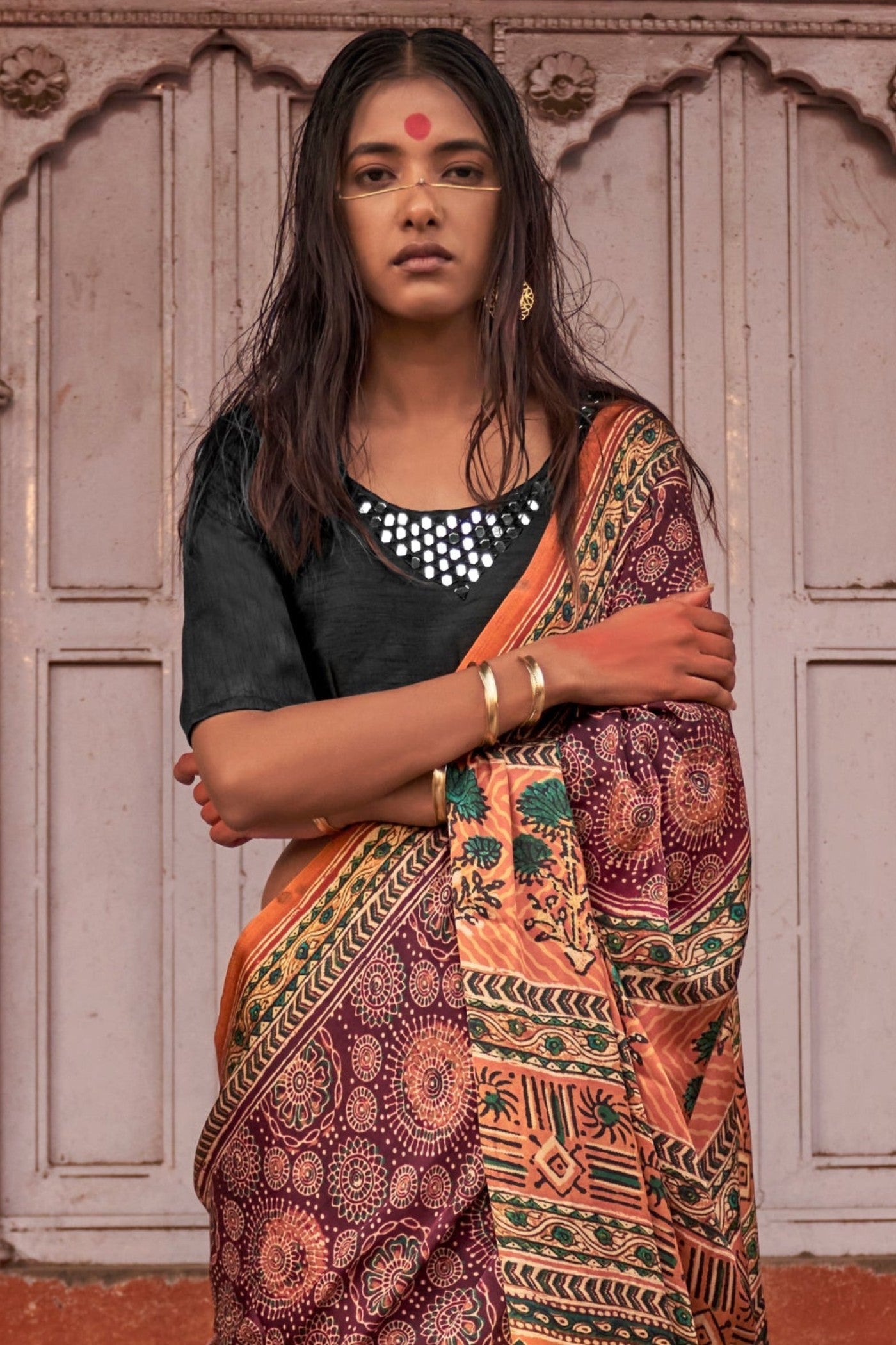 Buy MySilkLove Coca Brown and Orange Ajrakh Handprinted Satin Saree Online