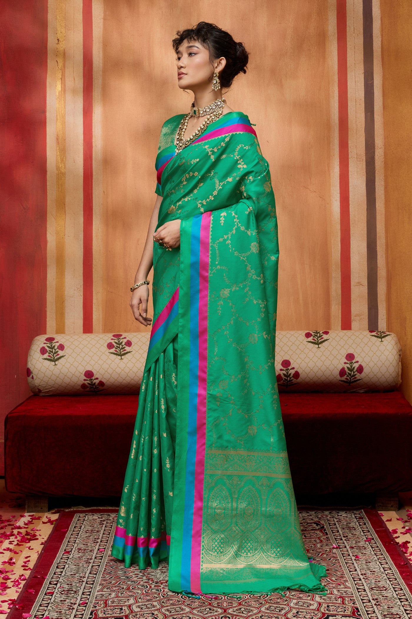 MySilkLove Meadow Green Handloom Satin Soft Silk Saree