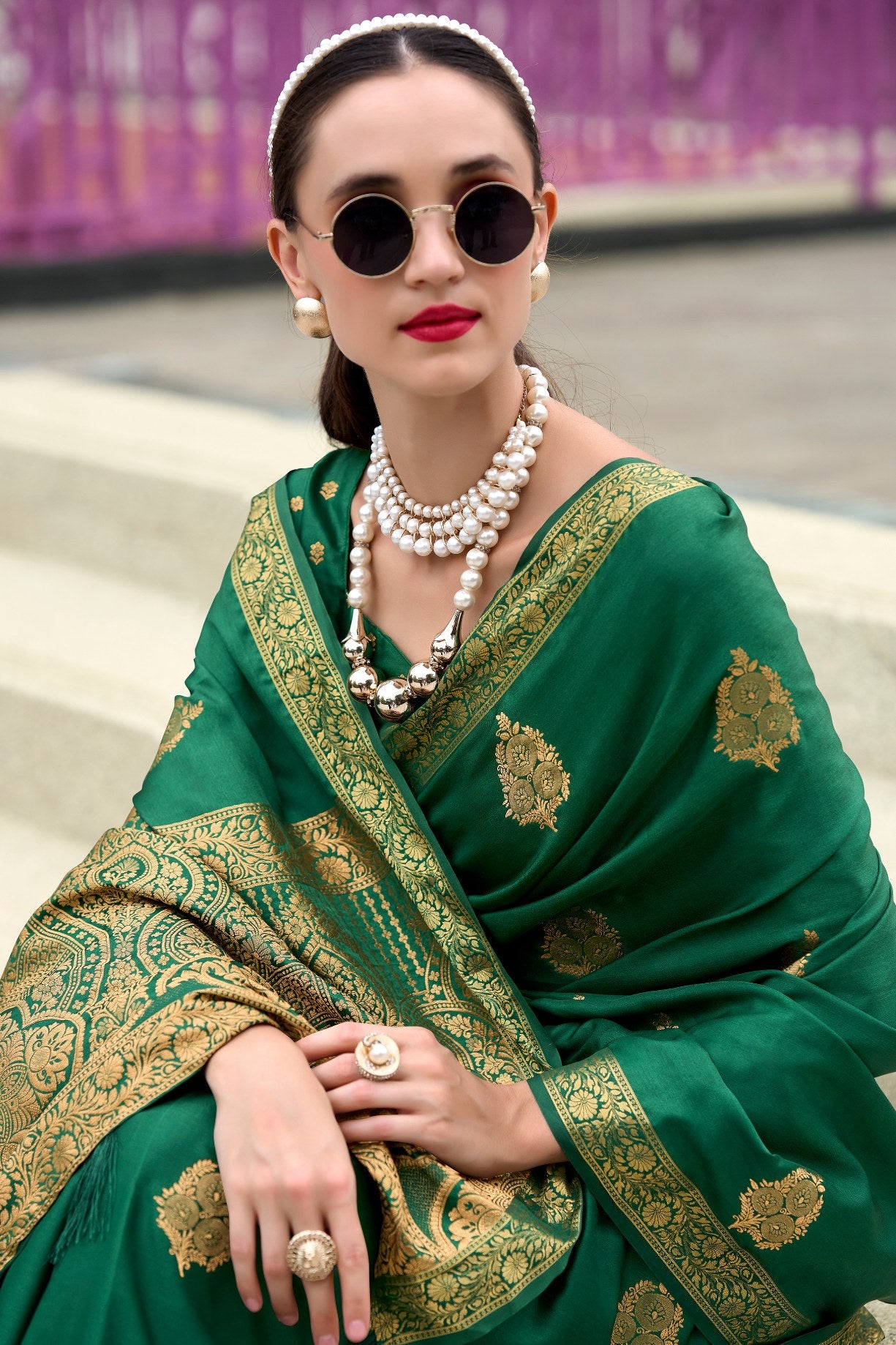 Buy MySilkLove Genoa Green Banarasi Handloom Satin Saree Online