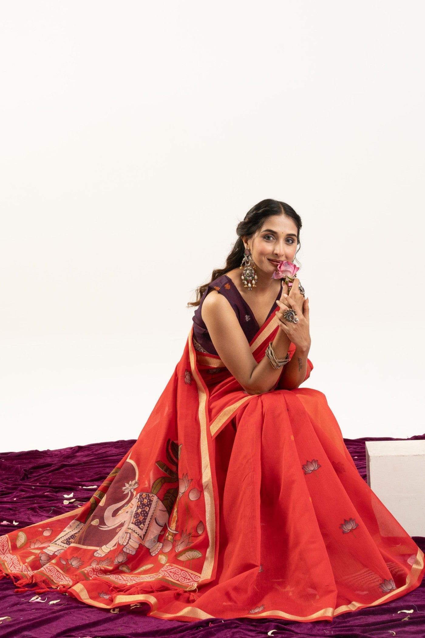 Buy MySilkLove Vermilion Glow Red Woven Soft Muga Cotton Saree Online