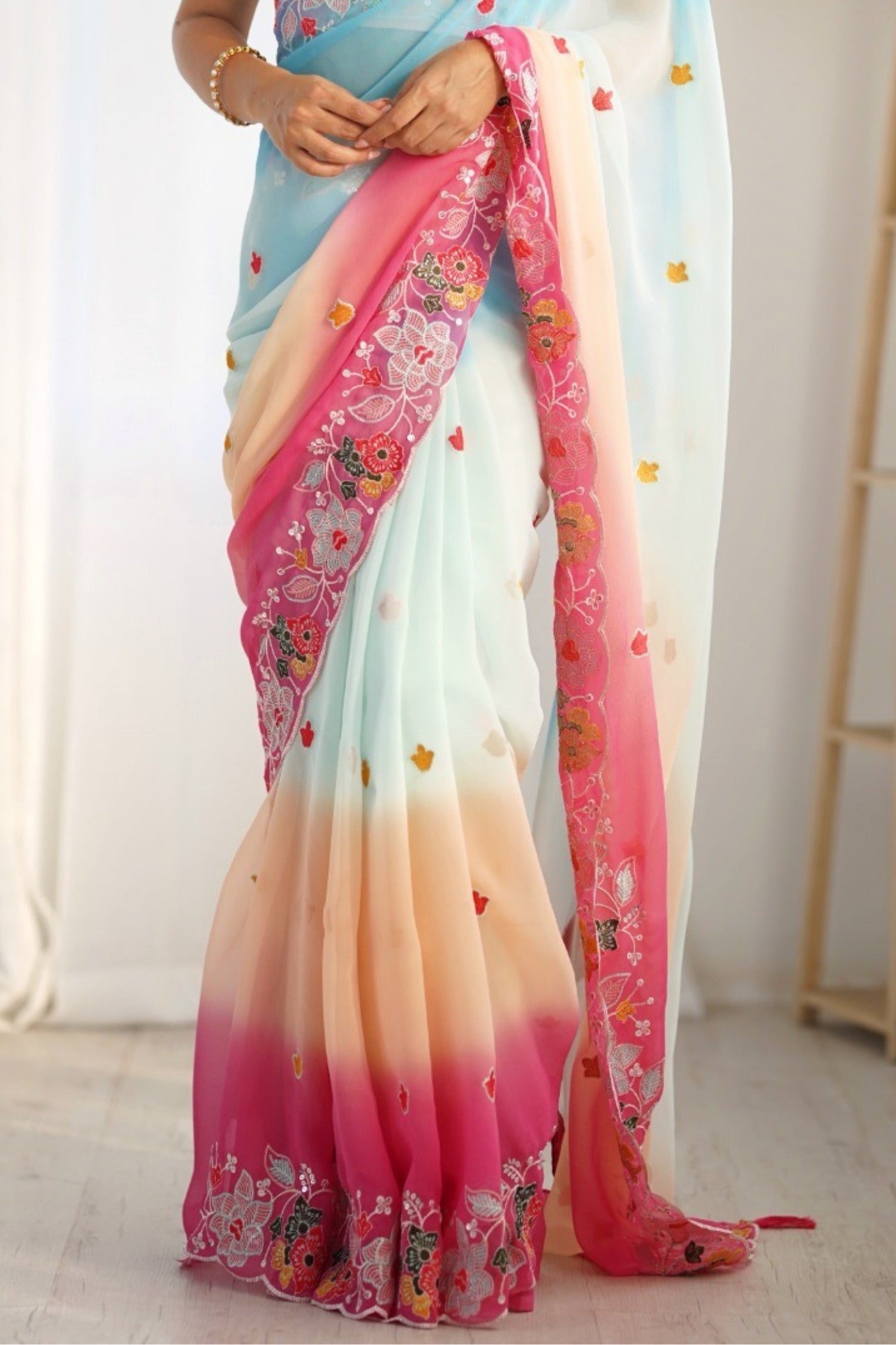 Buy MySilkLove Smokey Blue and Pink Georgette Saree Online