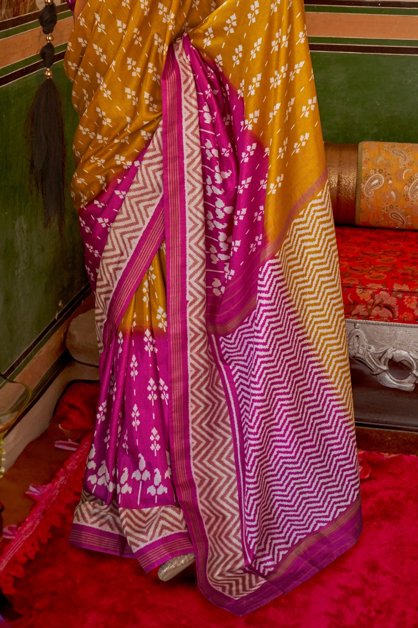 Buy MySilkLove Meteor Orange and Pink Printed Patola Saree Online