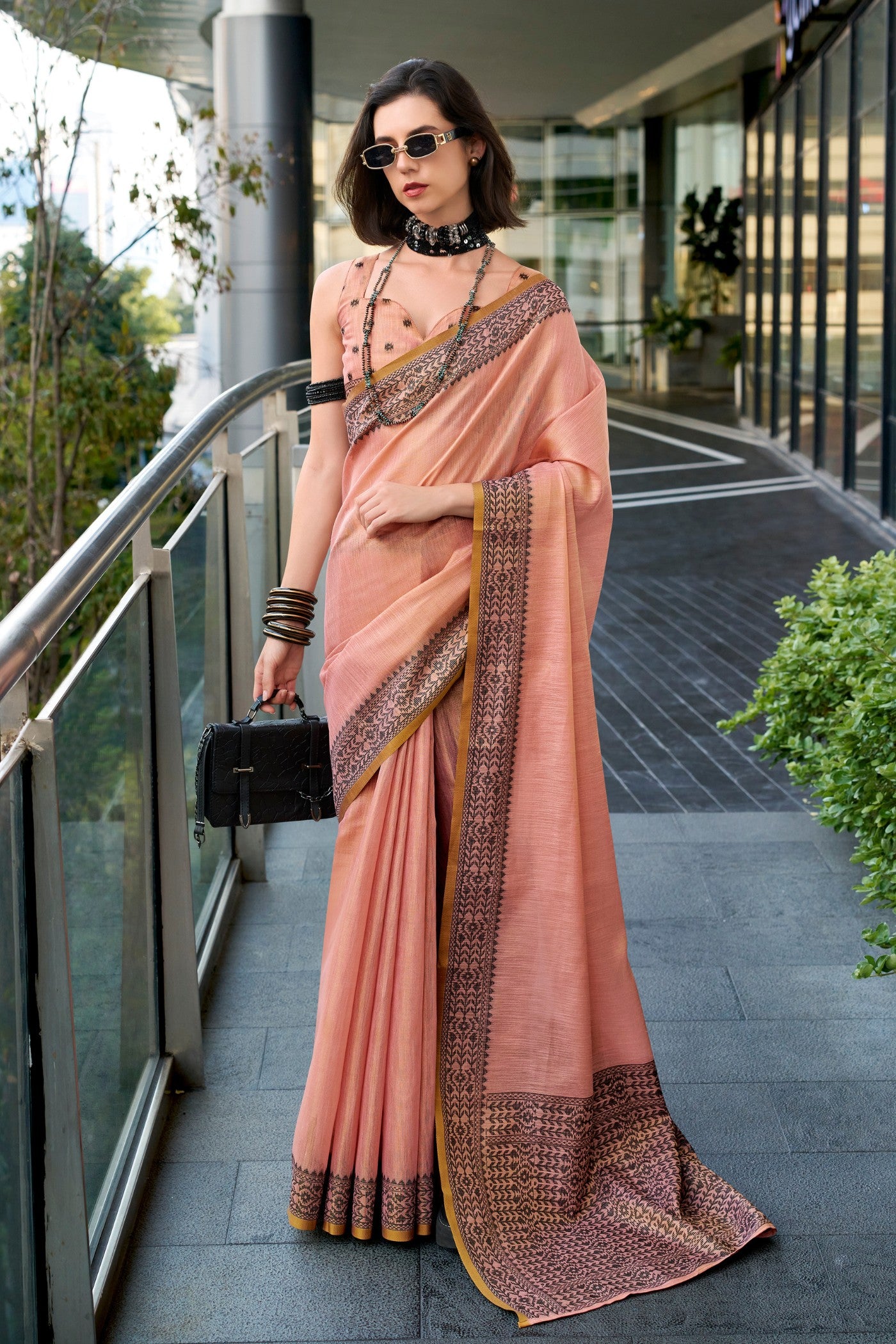 Buy MySilkLove Malibu Peach Linen Tissue Silk Saree Online