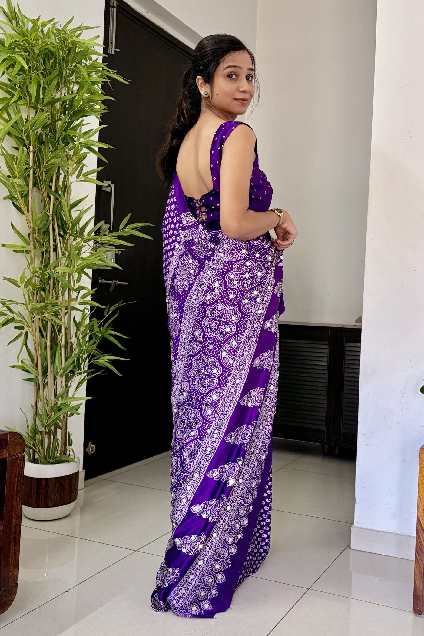 Buy MySilkLove True Purple Modal Ajrakh Satin Printed Mirror Work Saree Online