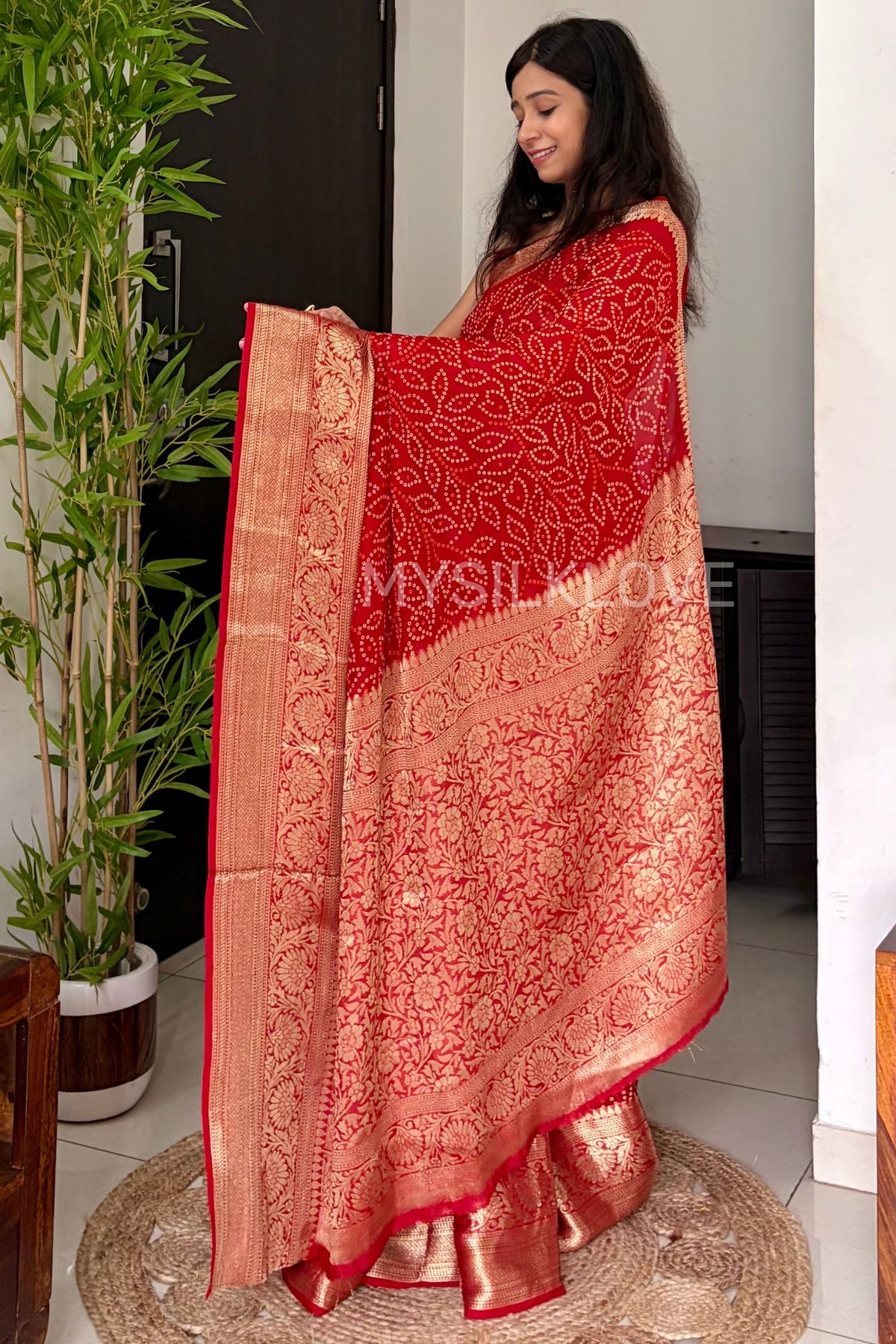 Buy MySilkLove Canary Red Bandhani Zari Woven Silk Saree Online
