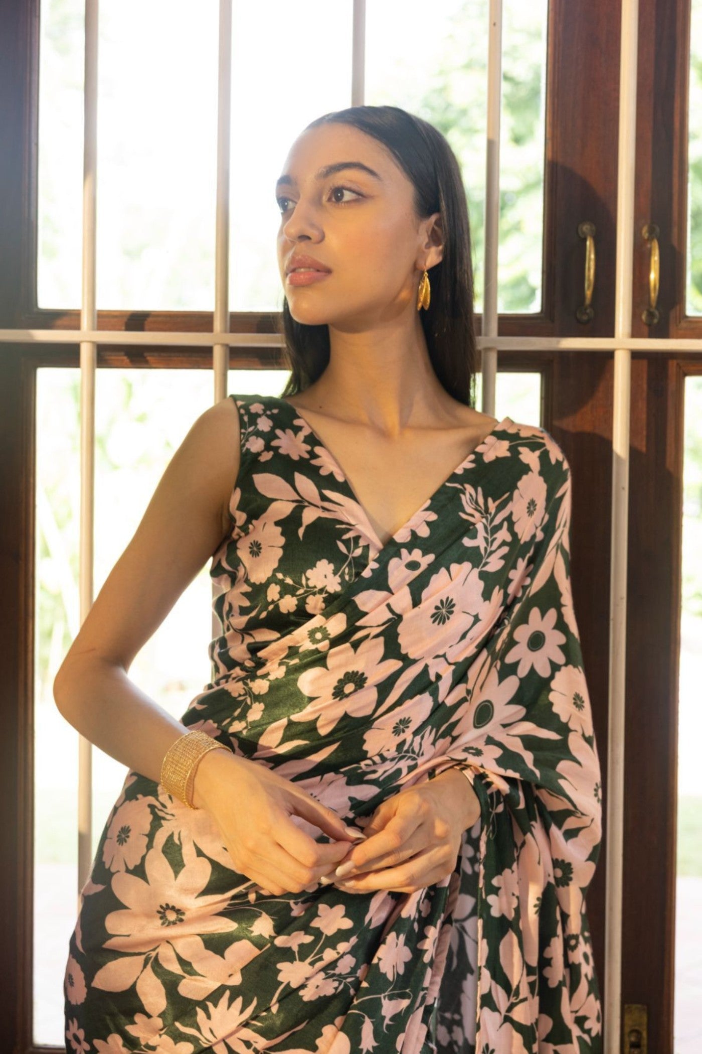 MySilkLove Kelly Green Floral Printed Satin Silk Saree
