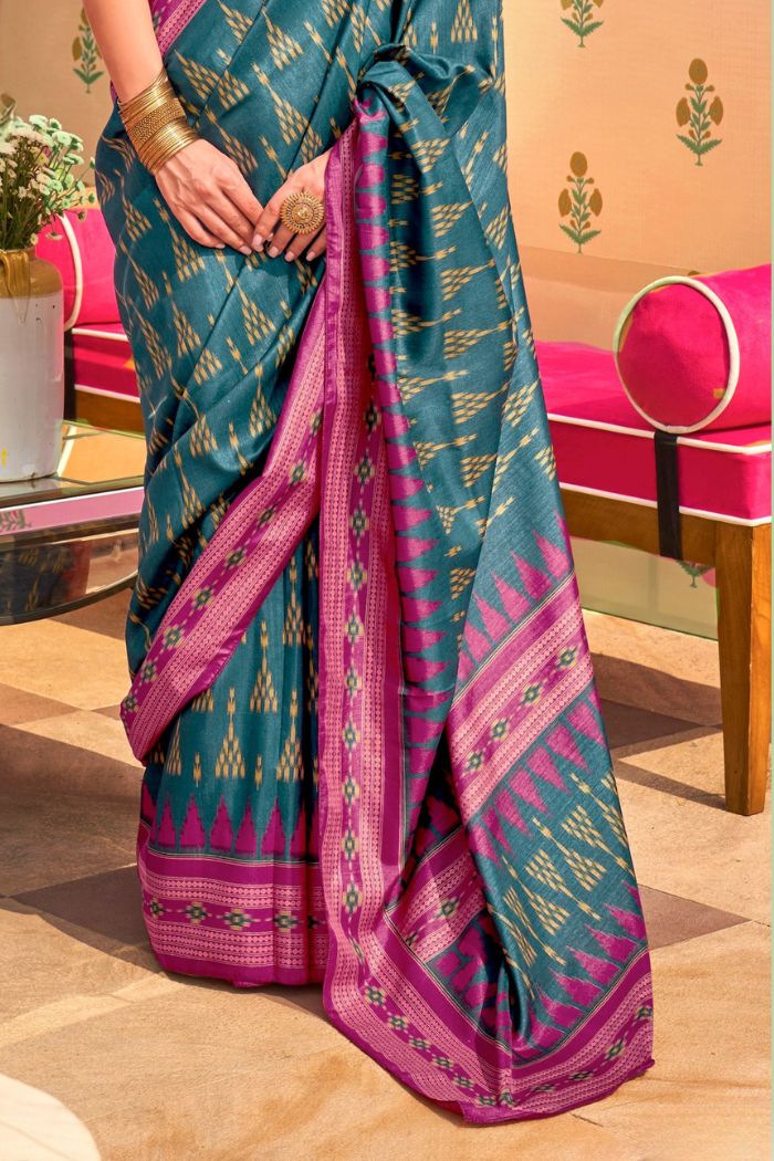 Buy MySilkLove Water Blue Printed Banarasi Soft Silk Saree Online