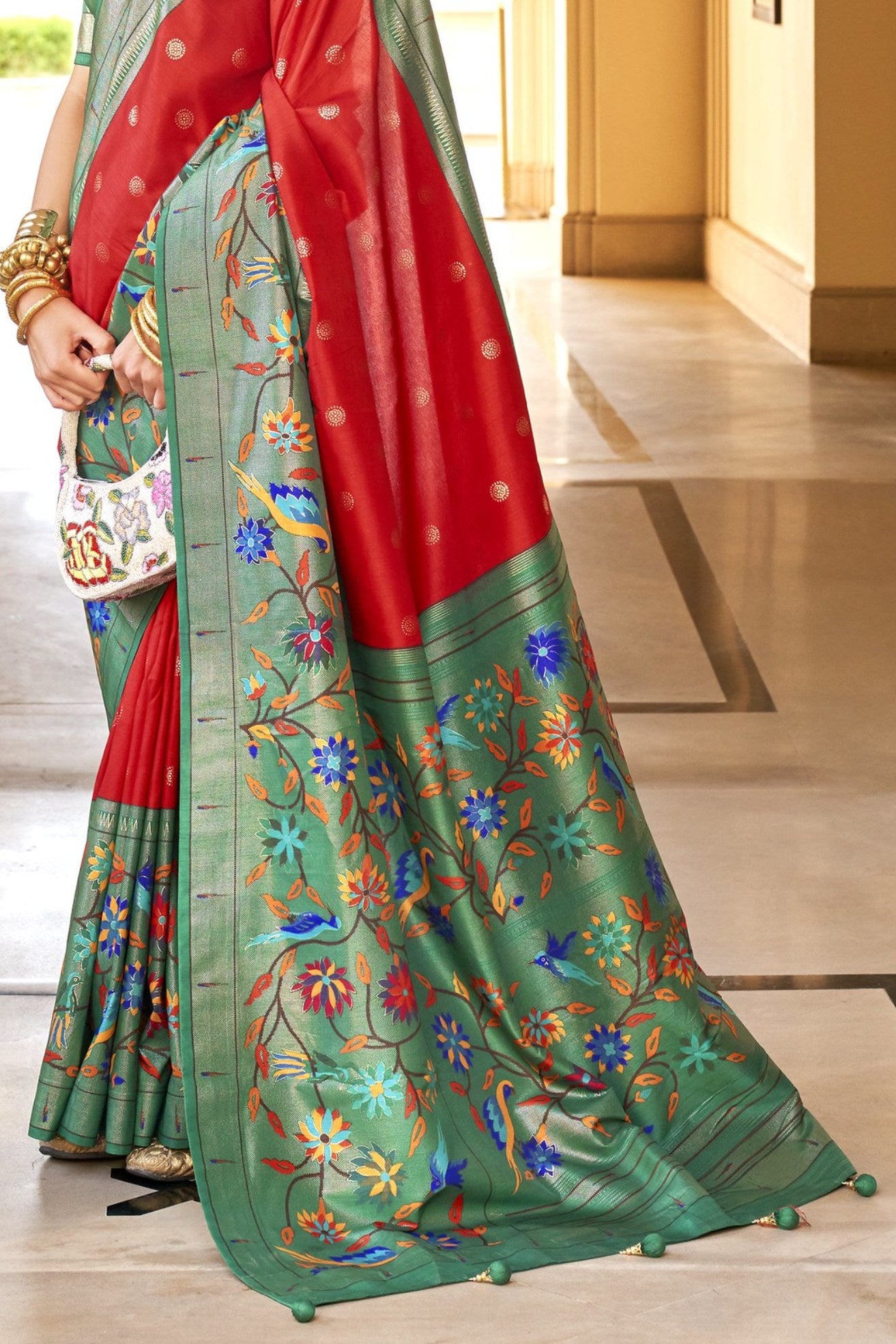 Buy MySilkLove Red Chilli and Green Woven Paithani Designer Saree Online