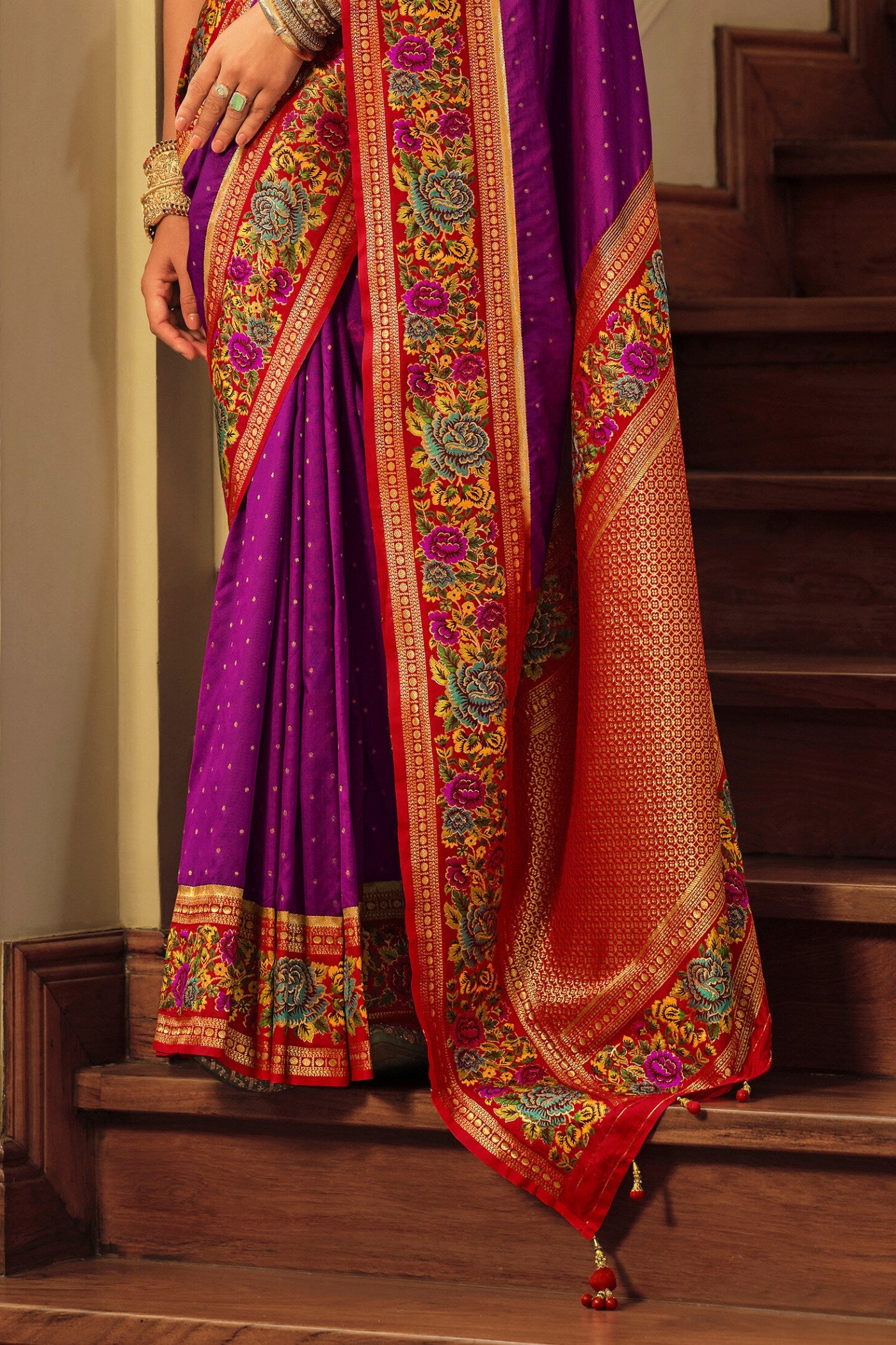 Buy MySilkLove Rose Bud Cherry Purple Printed Banarasi Saree Online